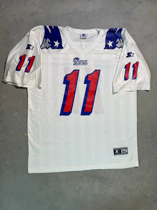 1995 New England Patriots Drew Bledsoe Vintage White Starter Flying Elvis Head Vintage NFL Jersey (54/XXL)