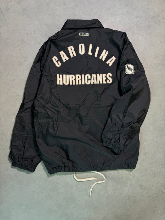 00’s Carolina Hurricanes Vintage Black CCM Classics Throwback Style Nylon Coaches NHL Hockey Button Up Jacket (Medium)