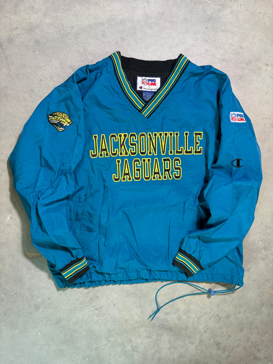 1995 Jacksonville Jaguars Vintage Teal Champion Block Spellout Inaugural Season Sideline NFL Pullover Jacket (Large)
