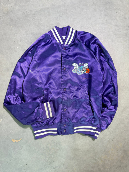 80’s Charlotte Hornets Vintage Purple Chalkline Distressed NBA Satin Jacket (Youth XL)