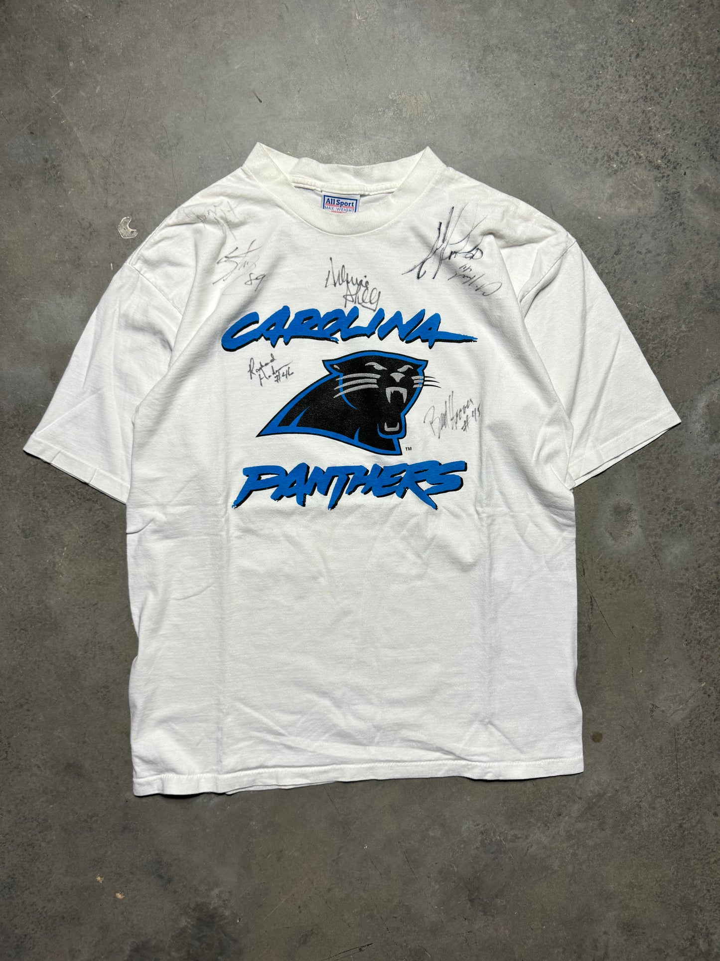 00’s Carolina Panthers Vintage White Cat Scratch Font Signed NFL Tee - Steve Smith, Julius Peppers, Brad Hoover (Large)