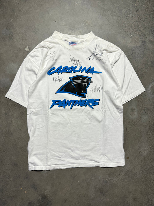 00’s Carolina Panthers Vintage White Cat Scratch Font Signed NFL Tee - Steve Smith, Julius Peppers, Brad Hoover (Large)