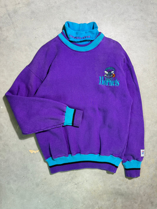 90’s Charlotte Hornets Vintage Purple The Game Heavyweight Embroidered Mock Neck NBA Crewneck (Medium)