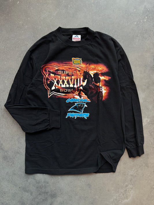 2004 Carolina Panthers Super Bowl XXXVIII Vintage Sunset Horse + Cowboy NFL Longsleeve Tee (Medium)