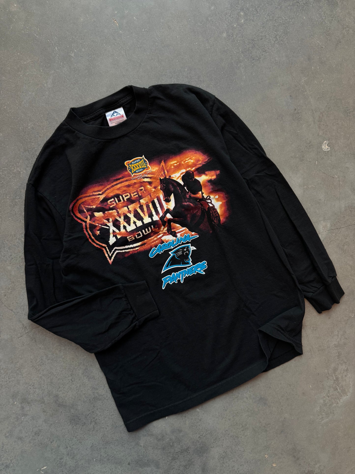 2004 Carolina Panthers Super Bowl XXXVIII Vintage Sunset Horse + Cowboy NFL Longsleeve Tee (Medium)