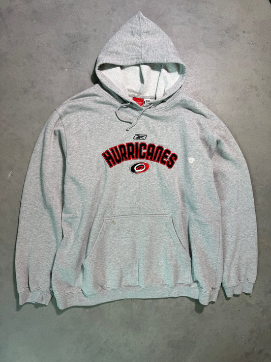 00’s Carolina Hurricanes Vintage Grey Reebok Embroidered Spellout NHL Hockey Hoodie (XL)