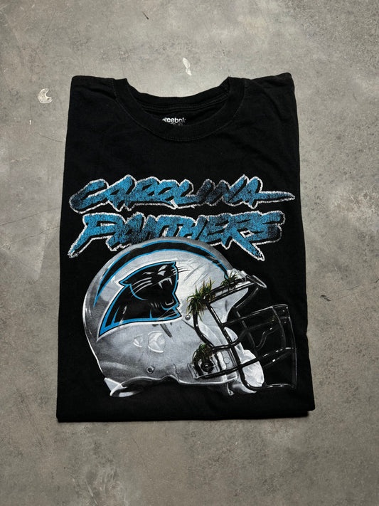 00’s Carolina Panthers Vintage Black Reebok Cat Scratch Font Realistic Helmet NFL Tee (Large)