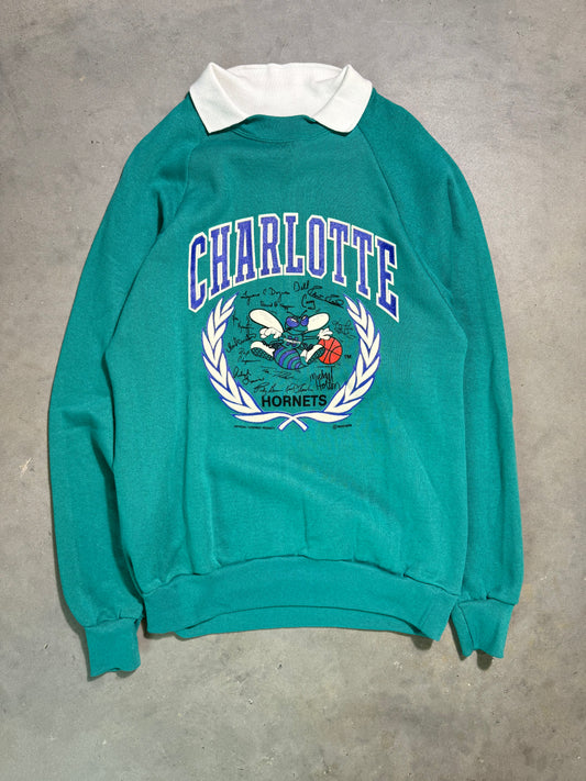 1988 Charlotte Hornets Vintage Teal Inaugural Season Seal Logo Collared NBA Crewneck - Deadstock (Large)
