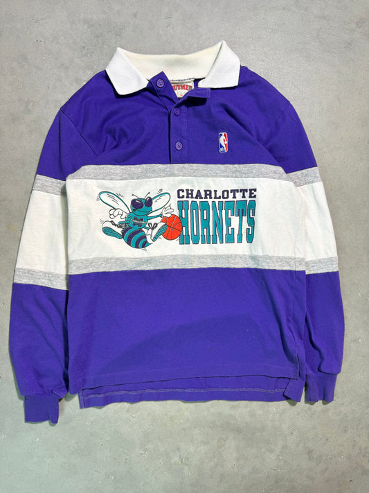 1988 Charlotte Hornets Vintage Purple Nutmeg Mills Inaugural Season Striped NBA Rugby Shirt (Medium)