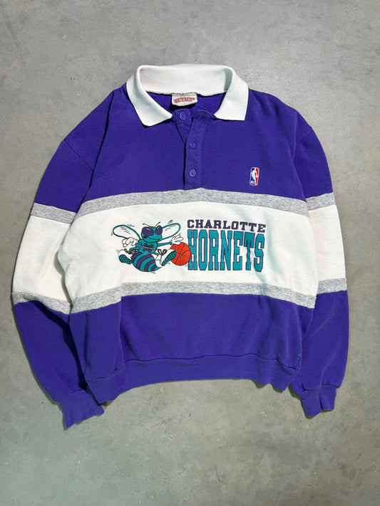 1988 Charlotte Hornets Vintage Purple Nutmeg Mills Striped Inaugural Season Rugby Crewneck (Large)