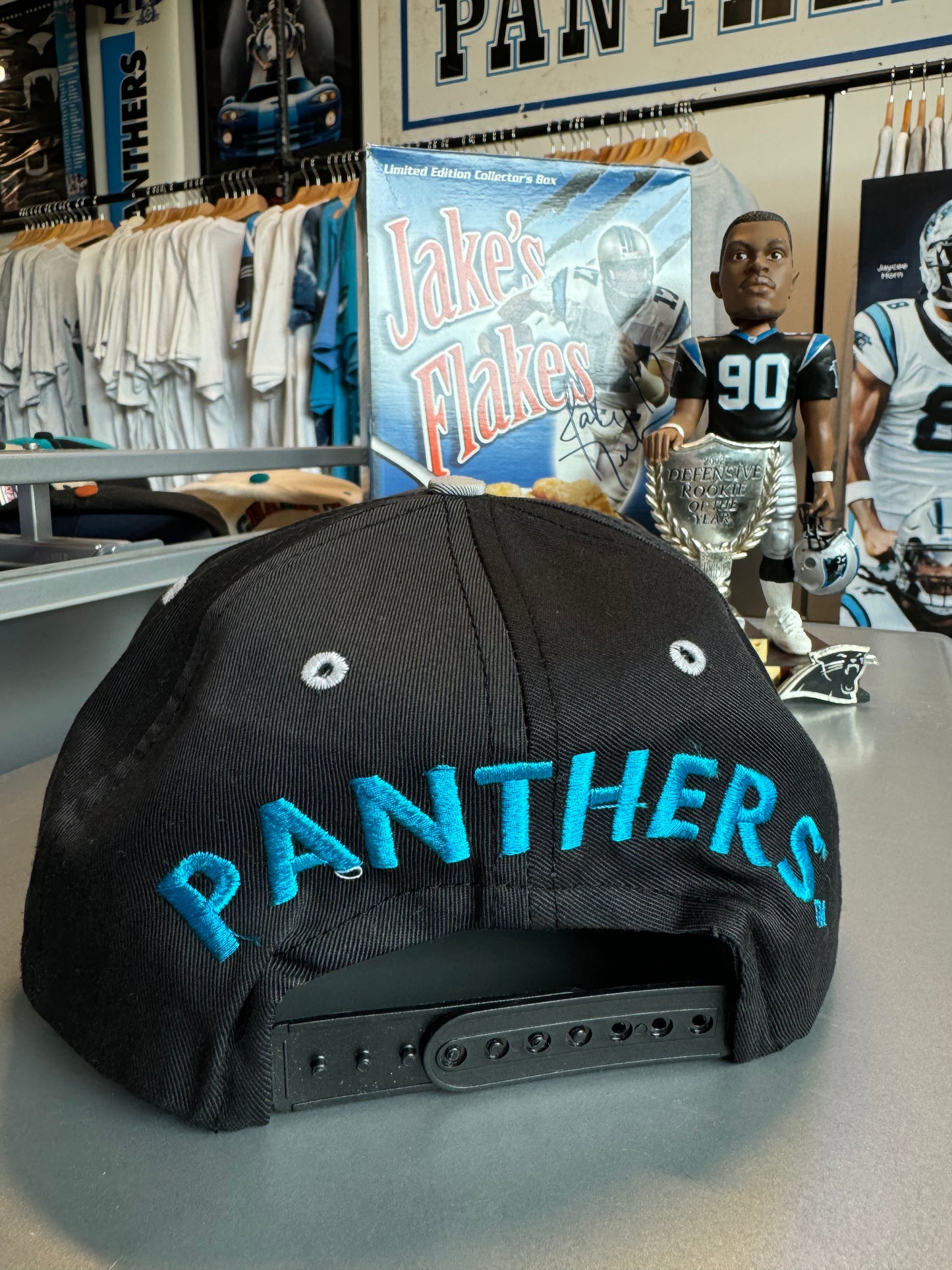 90’s Carolina Panthers Vintage Black Big Logo Spellout NFL Snapback Hat (OSFA)