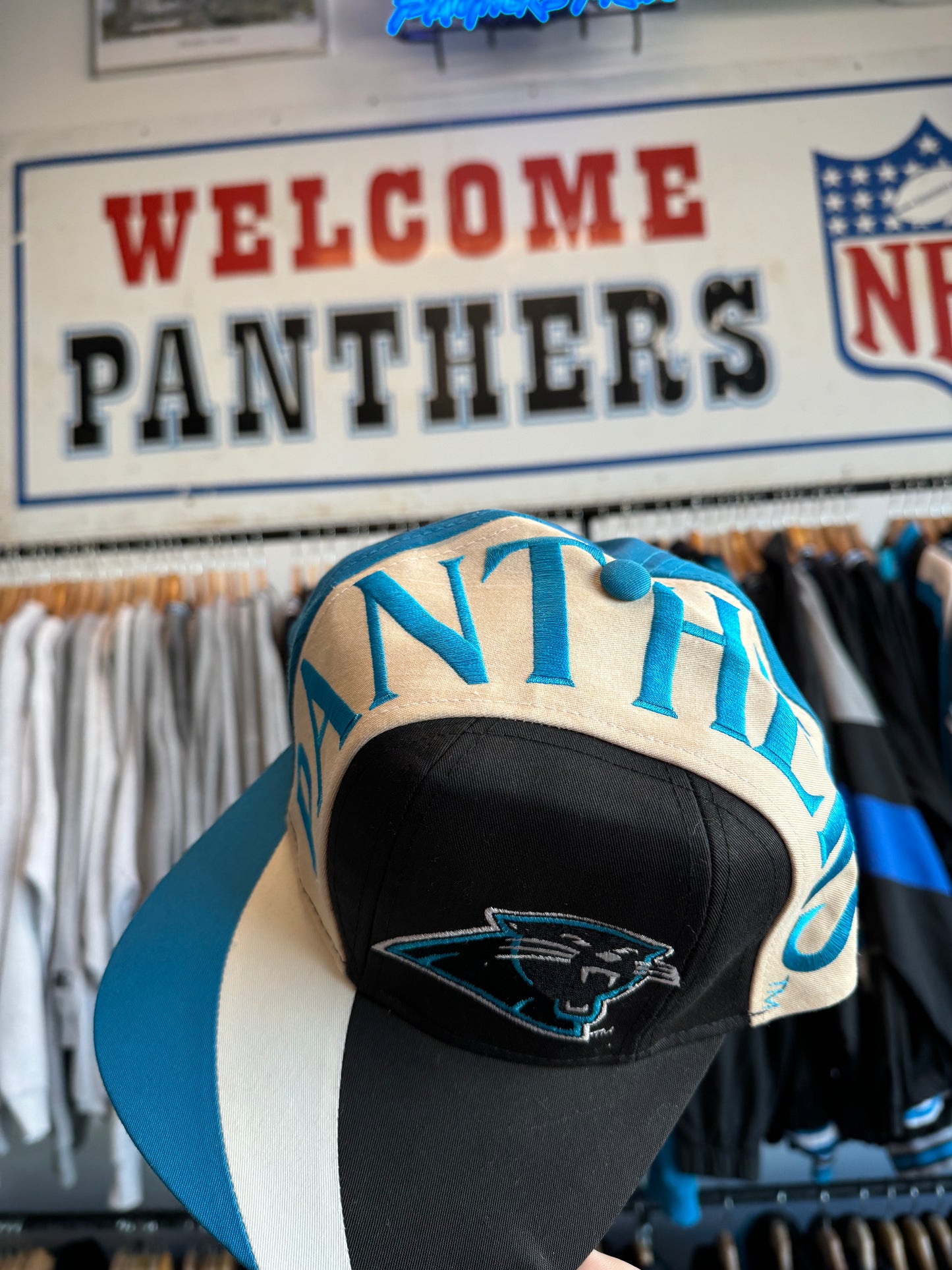 90’s Carolina Panthers Vintage Eastport Highway Embroidered NFL Snapback Hat (OSFA)