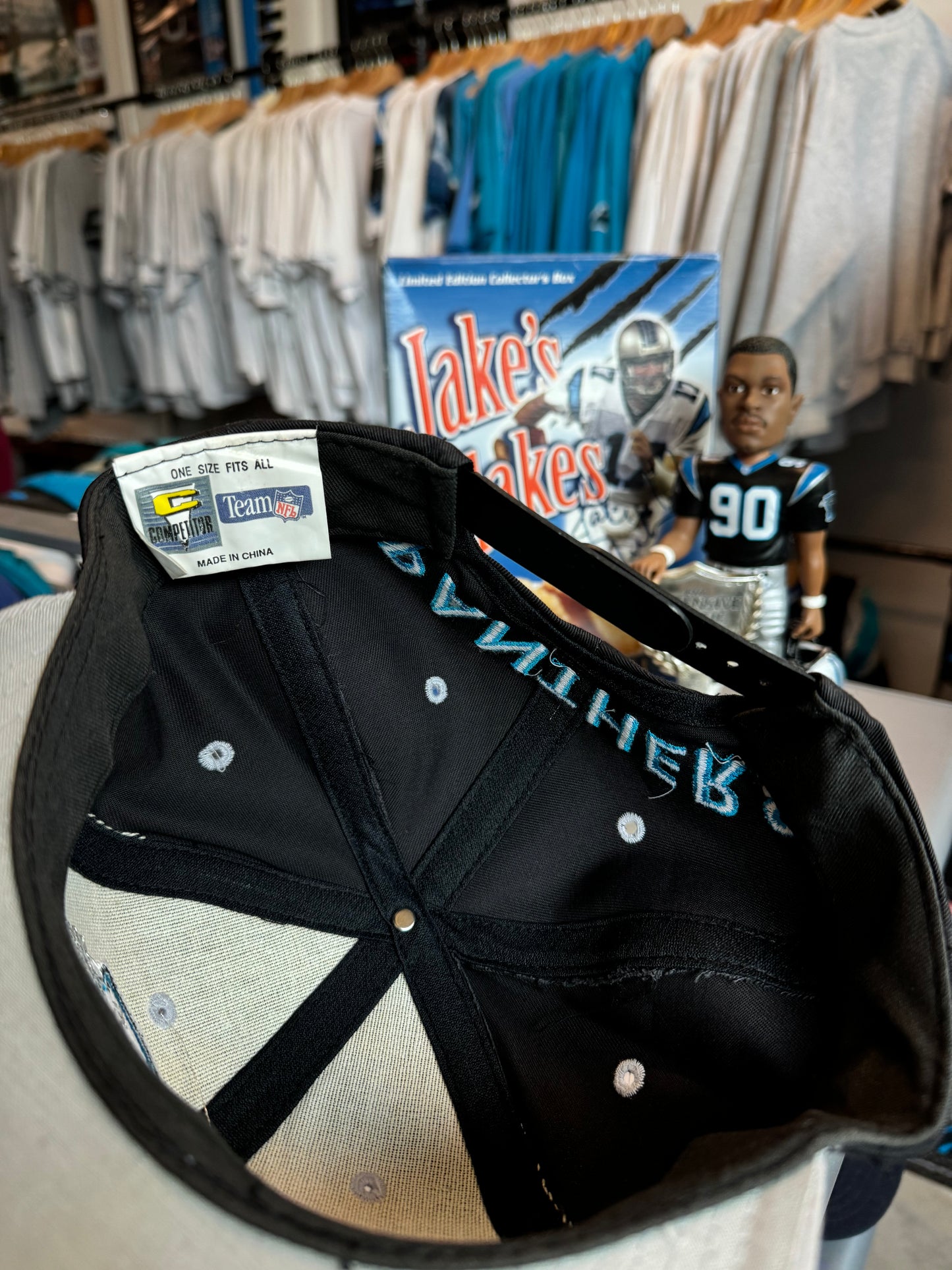 90’s Carolina Panthers Vintage Black Big Logo Spellout NFL Snapback Hat (OSFA)