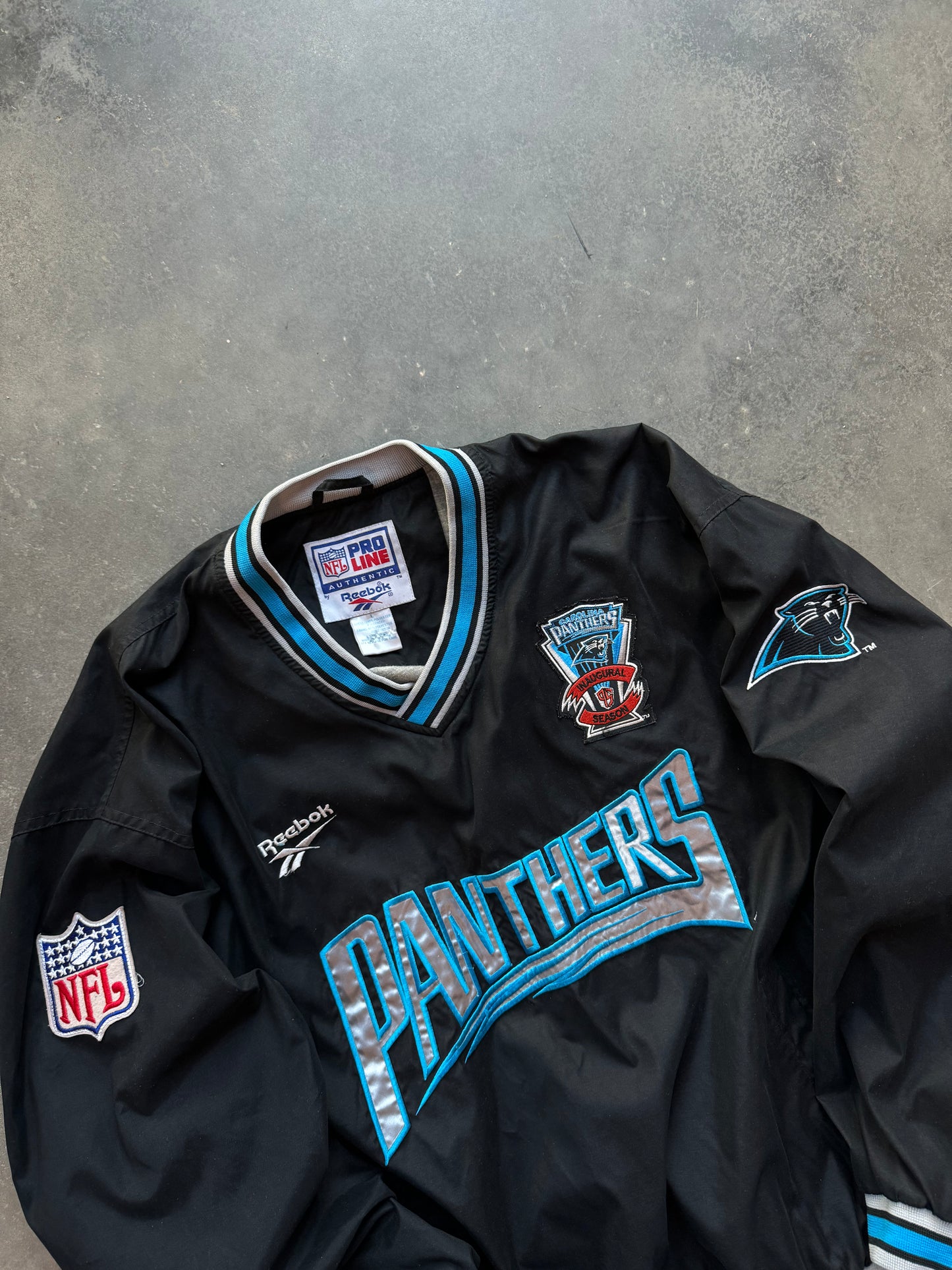 1995 Carolina Panthers Vintage Reebok Inaugural Season Patch Big Wordmark Logo NFL Pro Line Pullover (Large)