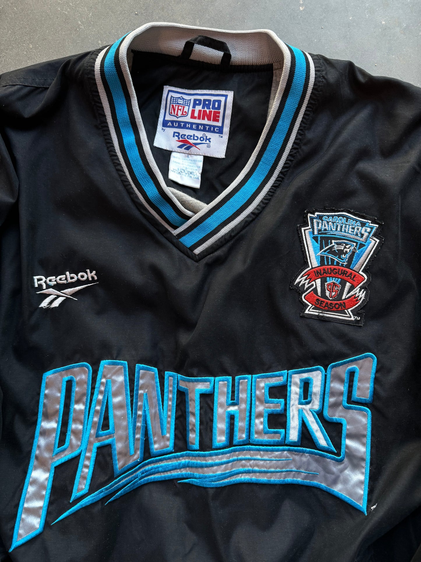 1995 Carolina Panthers Vintage Reebok Inaugural Season Patch Big Wordmark Logo NFL Pro Line Pullover (Large)