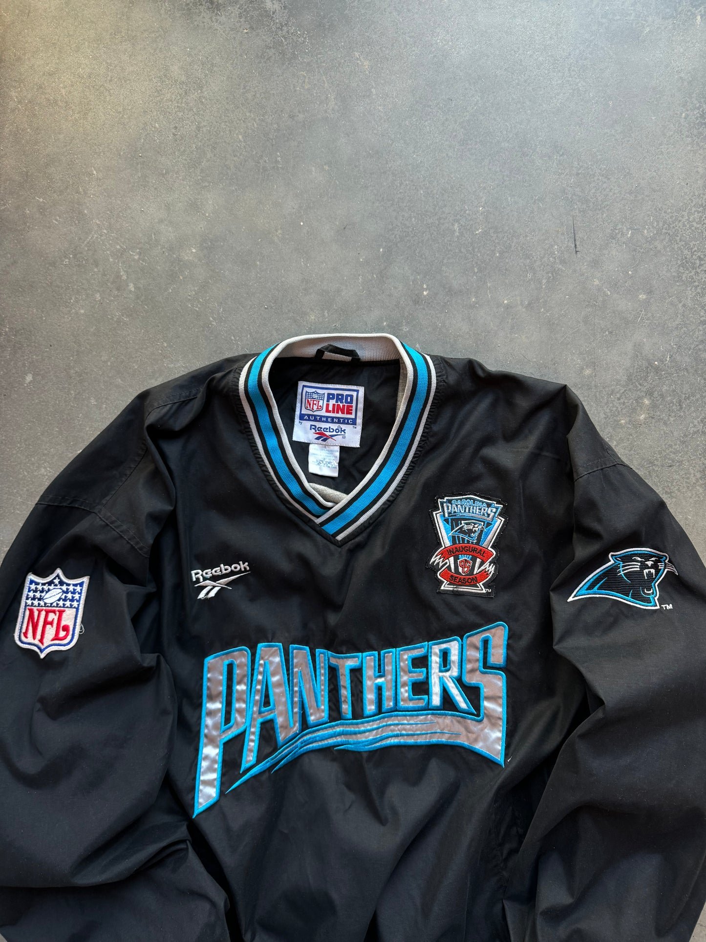 1995 Carolina Panthers Vintage Reebok Inaugural Season Patch Big Wordmark Logo NFL Pro Line Pullover (Large)