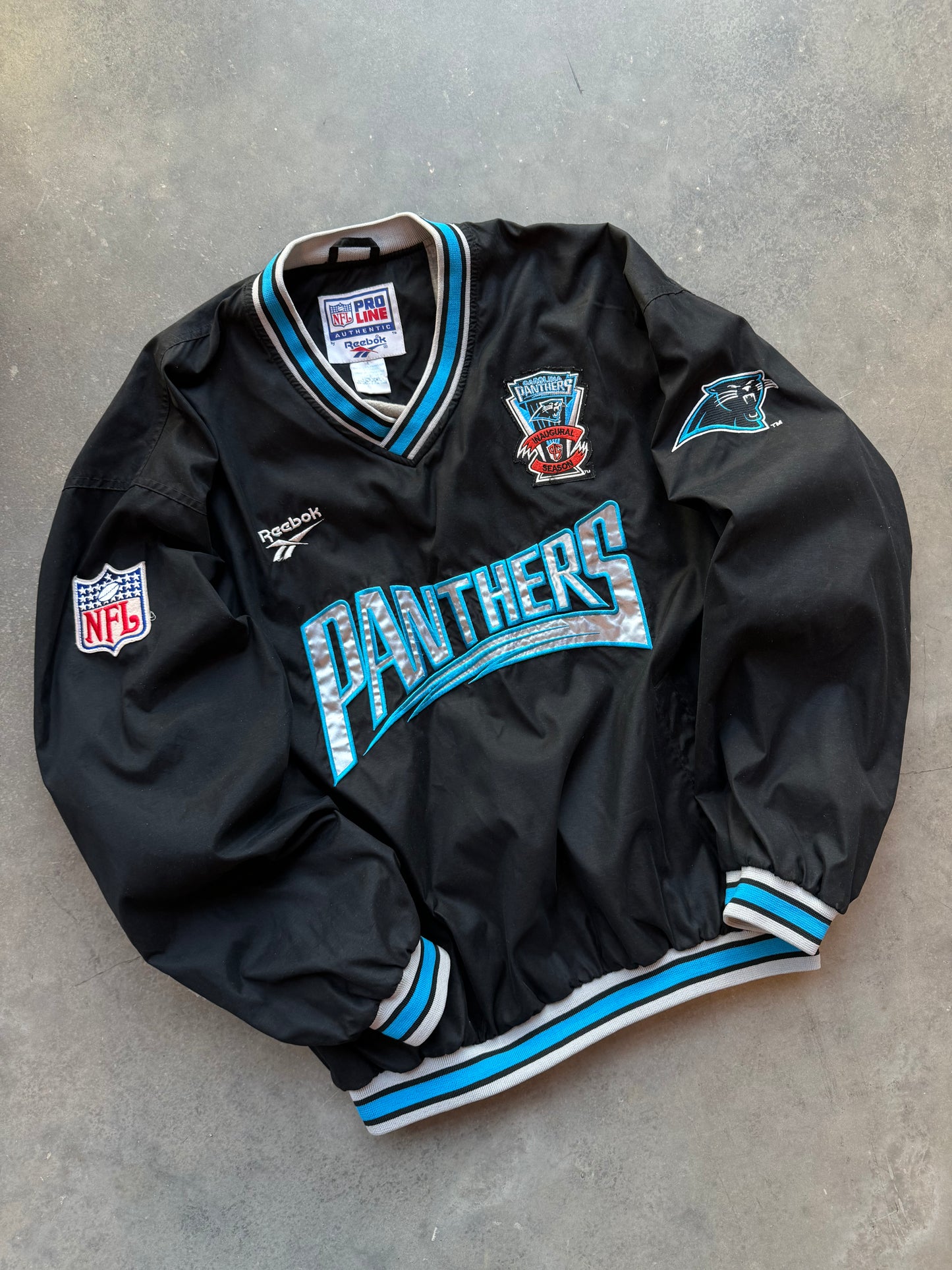 1995 Carolina Panthers Vintage Reebok Inaugural Season Patch Big Wordmark Logo NFL Pro Line Pullover (Large)