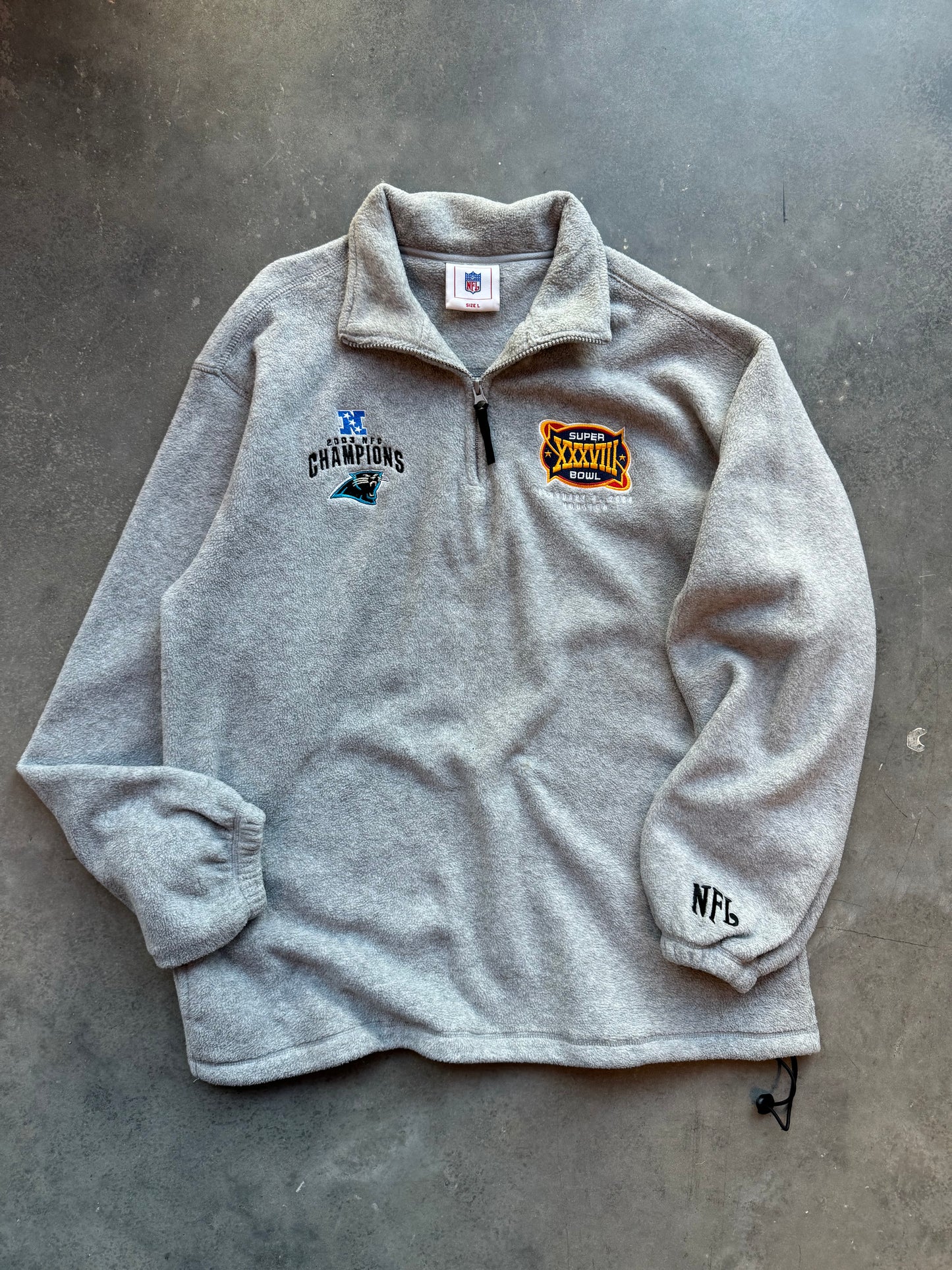 2004 Carolina Panthers Super Bowl XXXVIII Vintage Grey Fleece Half Zip NFL Pullover (Large)