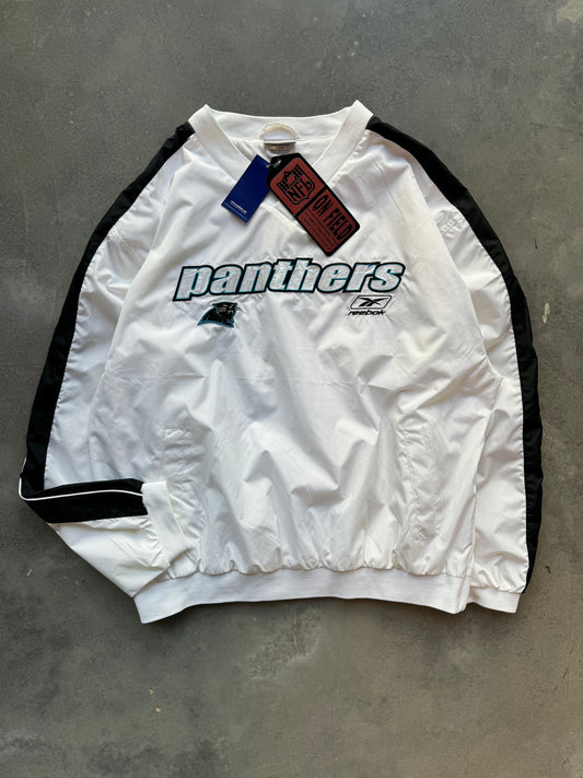 00’s Carolina Panthers Vintage Reebok White Nylon Spellout NFL Pullover - Deadstock (Large)