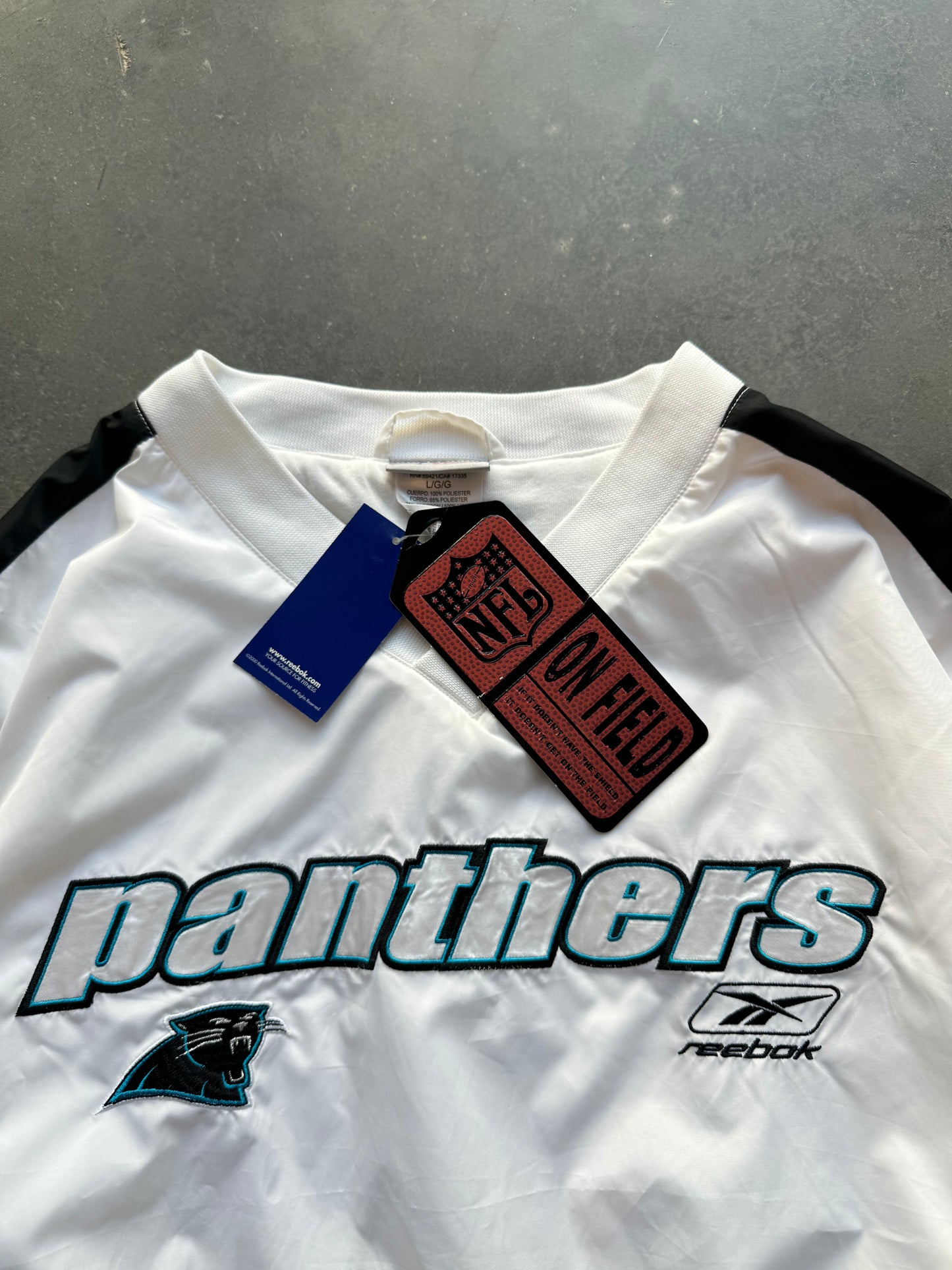 00’s Carolina Panthers Vintage Reebok White Nylon Spellout NFL Pullover - Deadstock (Large)