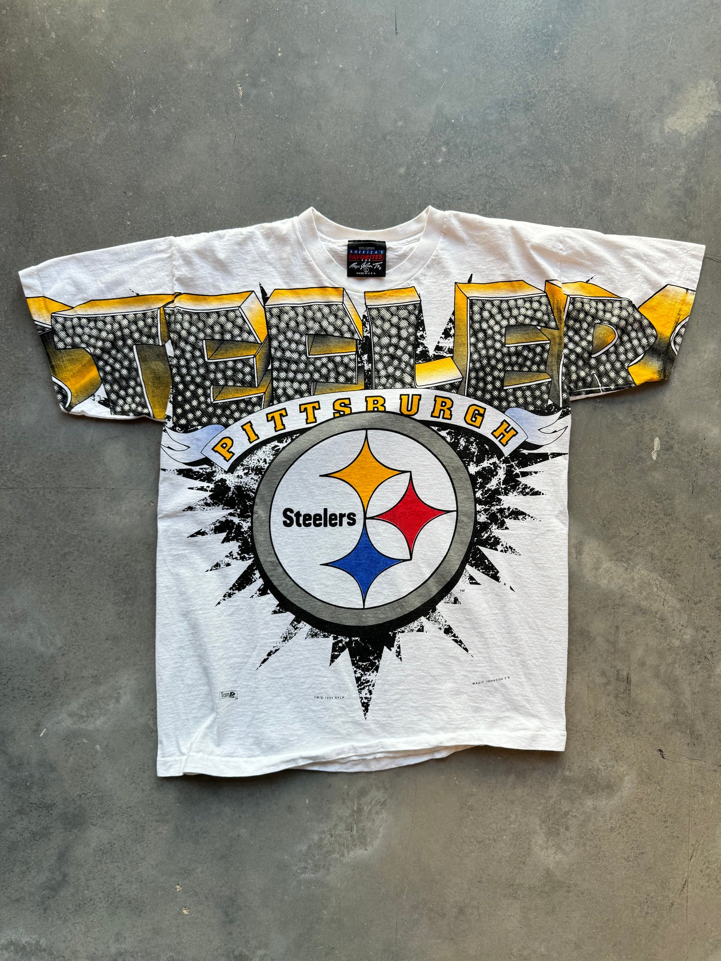 1995 Pittsburgh Steelers Vintage All Over Print Big Logo NFL Tee by Magic Johnson Tees (Medium)