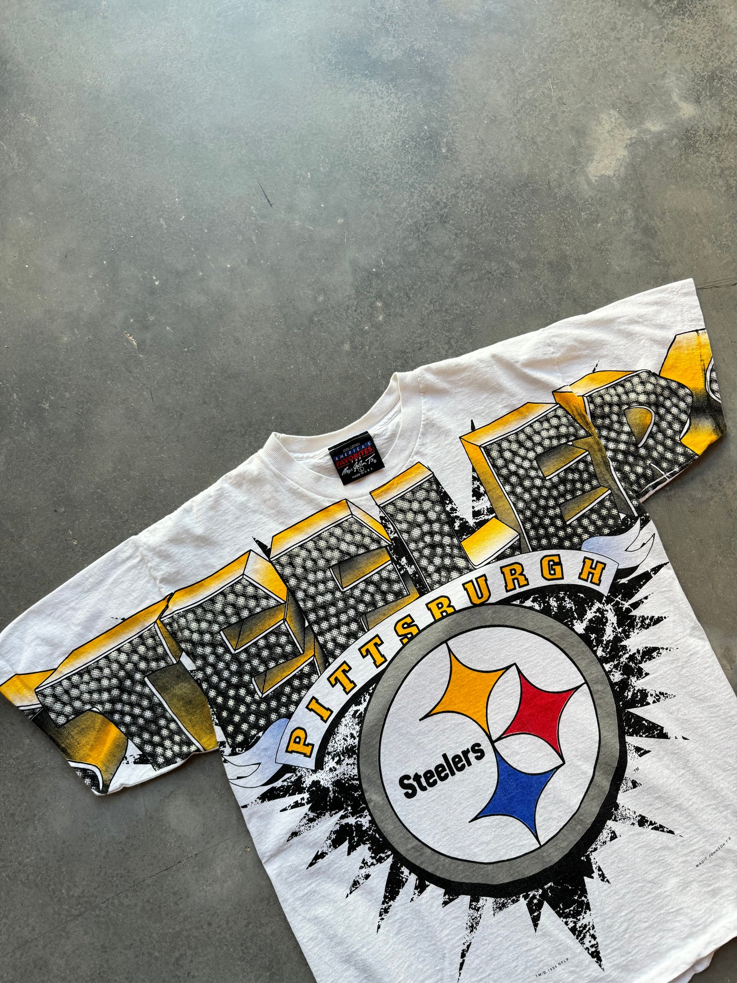 1995 Pittsburgh Steelers Vintage All Over Print Big Logo NFL Tee by Magic Johnson Tees (Medium)