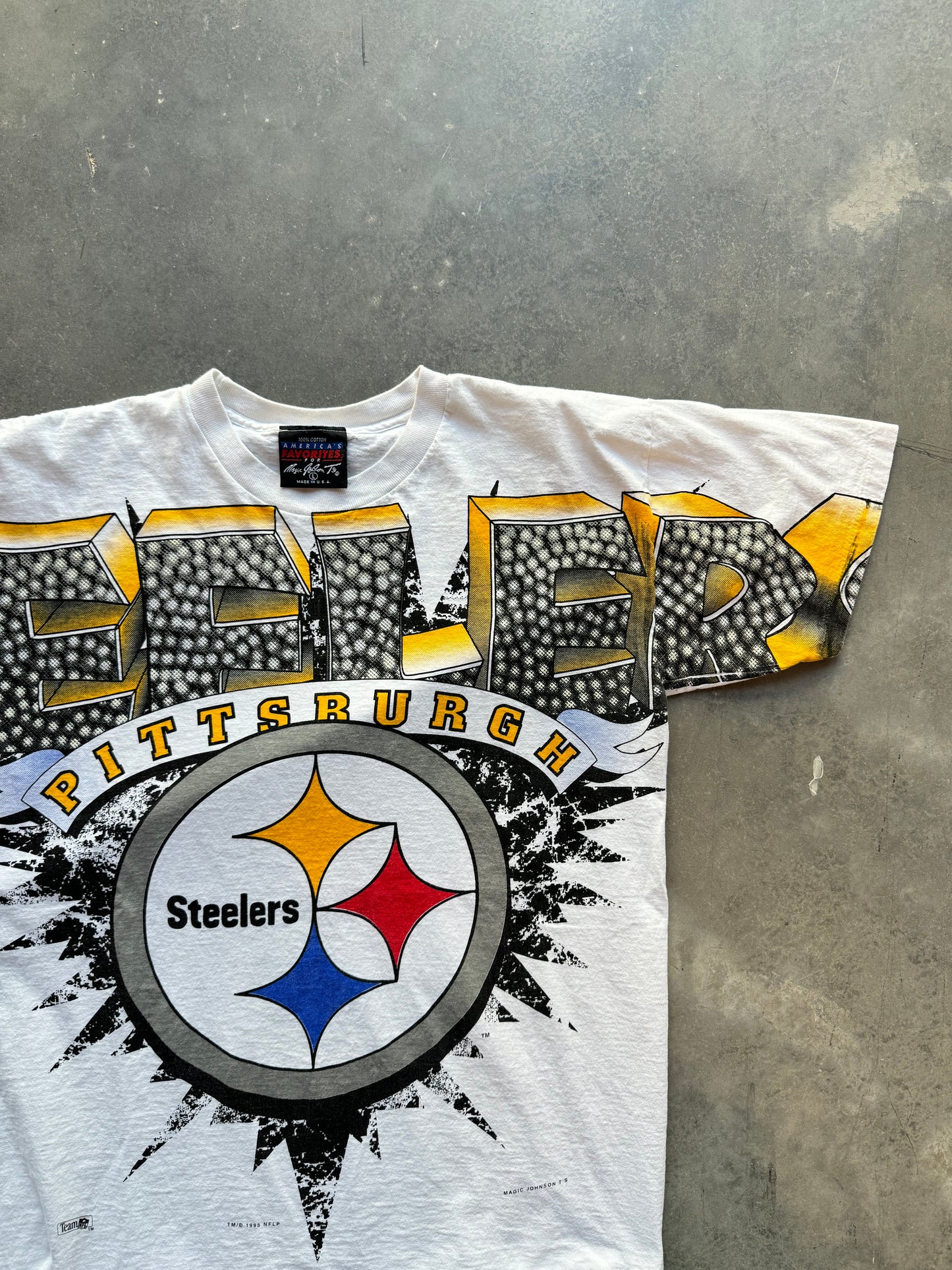 1995 Pittsburgh Steelers Vintage All Over Print Big Logo NFL Tee by Magic Johnson Tees (Medium)