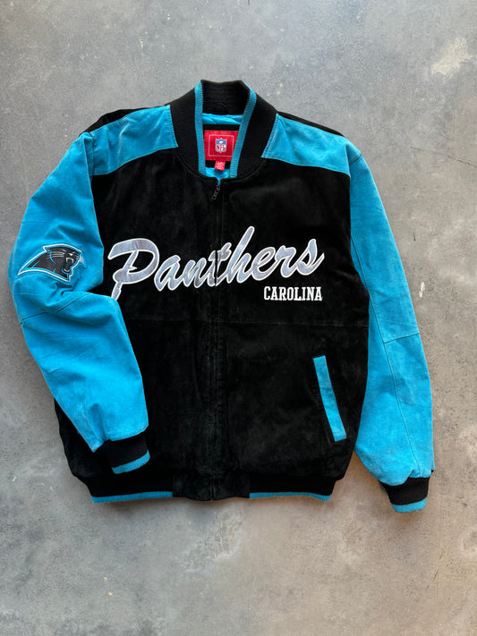 00’s Carolina Panthers Vintage Suede Leather Colorblocked Script & Cat Scratch Font Logo NFL Bomber Jacket (Large)