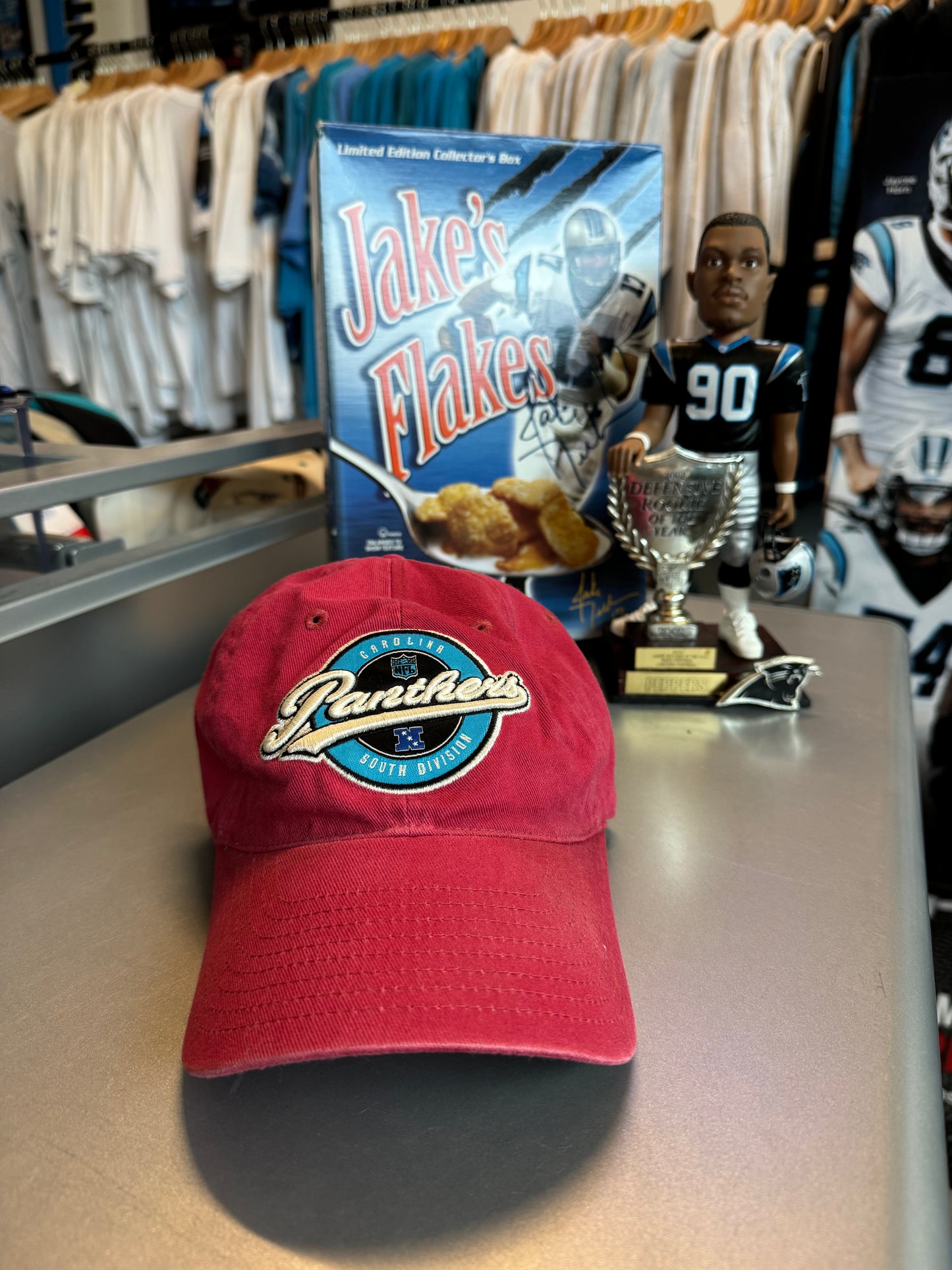 00’s Carolina Panthers Vintage Red Reebok Script Spellout NFL Strapback Hat (OSFA)