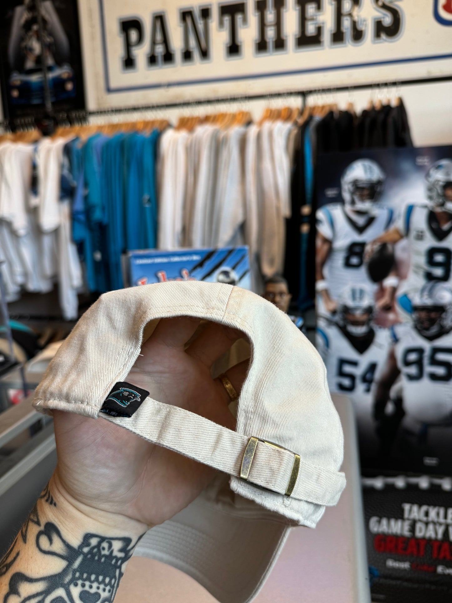 00’s Carolina Panthers Vintage Khaki Reebok Oval Logo NFL Strapback Hat (OSFA)