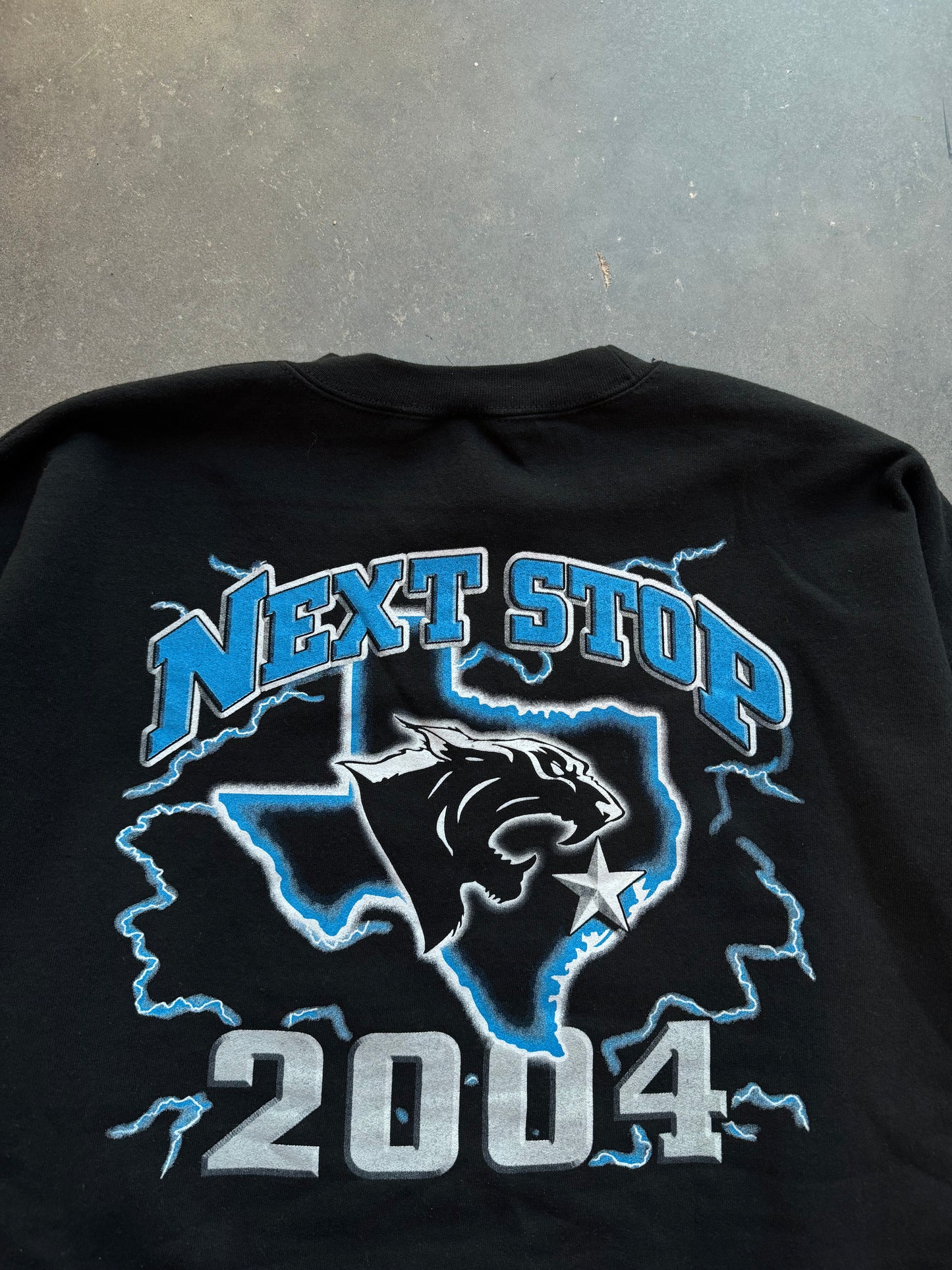 2004 Carolina Panthers Cardiac Cats Super Bowl XXXVIII Vintage Lightning Print “Next Stop, Houston” NFL Parking Lot Style Crewneck (XL)