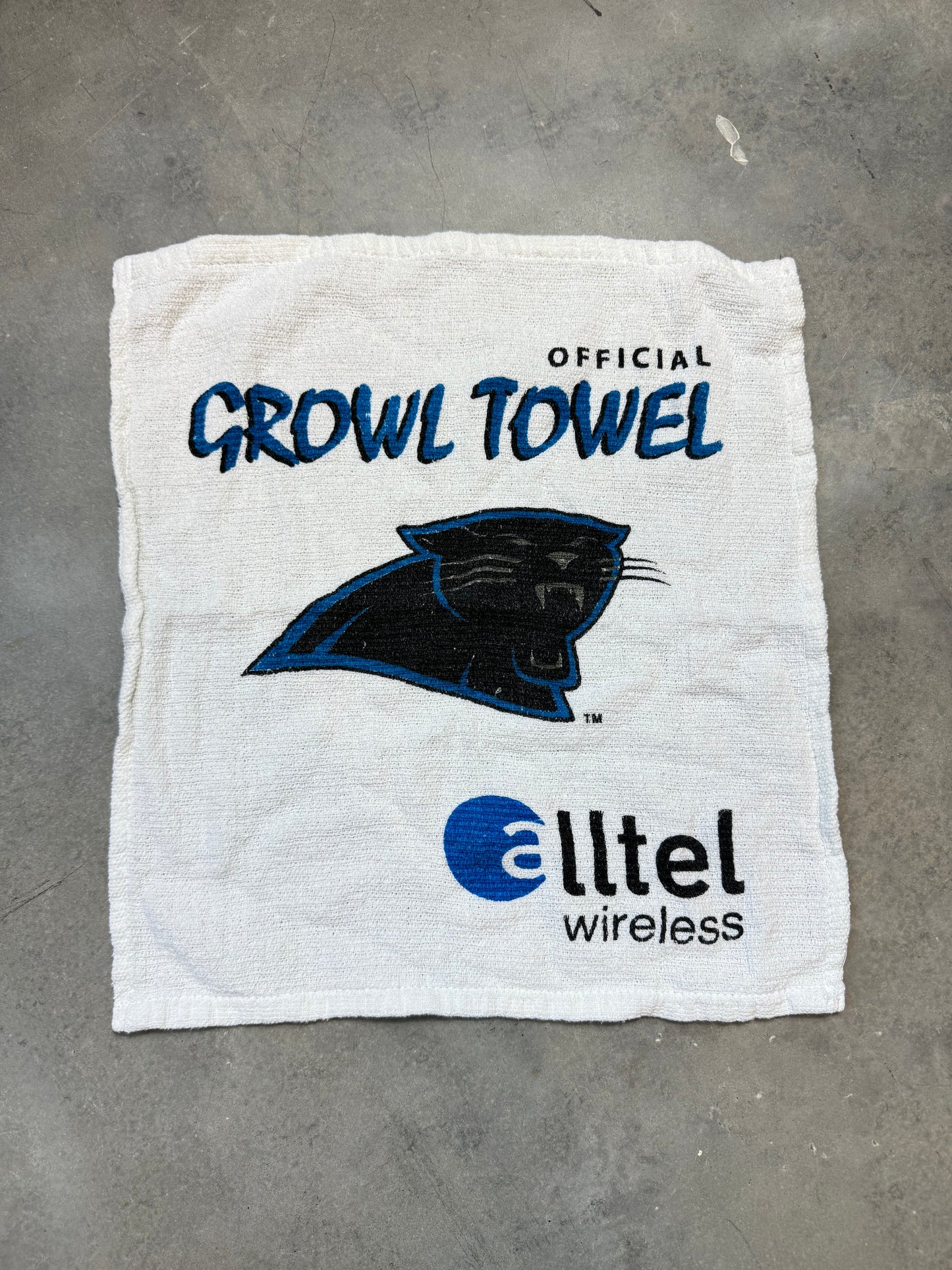 90’s Carolina Panthers x Alltel Growl Towel Vintage White Cotton Display
