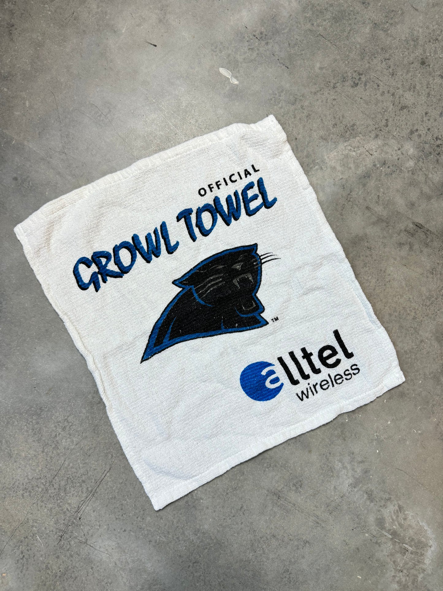 90’s Carolina Panthers x Alltel Growl Towel Vintage White Cotton Display
