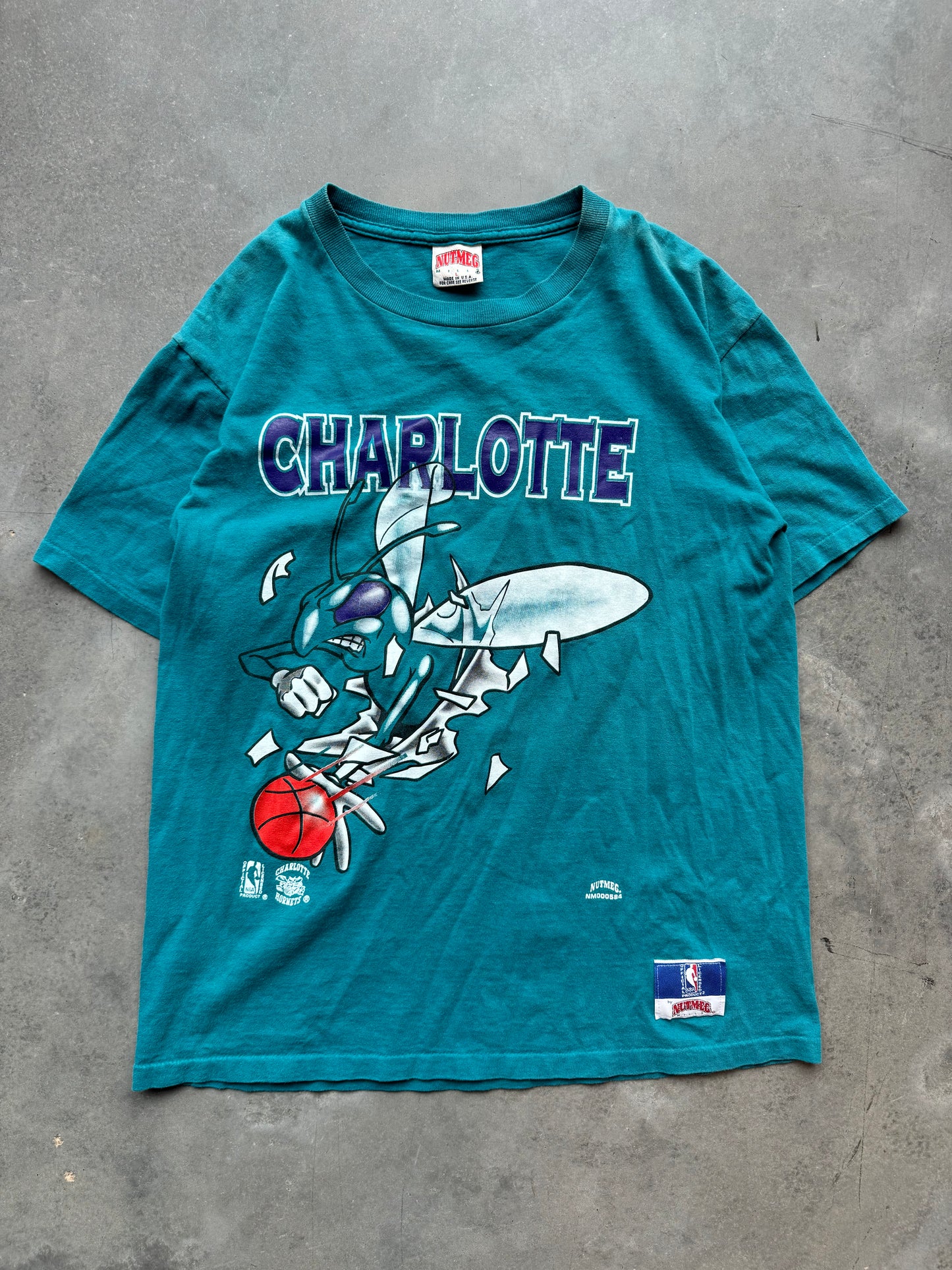 90’s Charlotte Hornets Vintage Nutmeg Mills Hugo Breakthrough NBA Tee (Large)