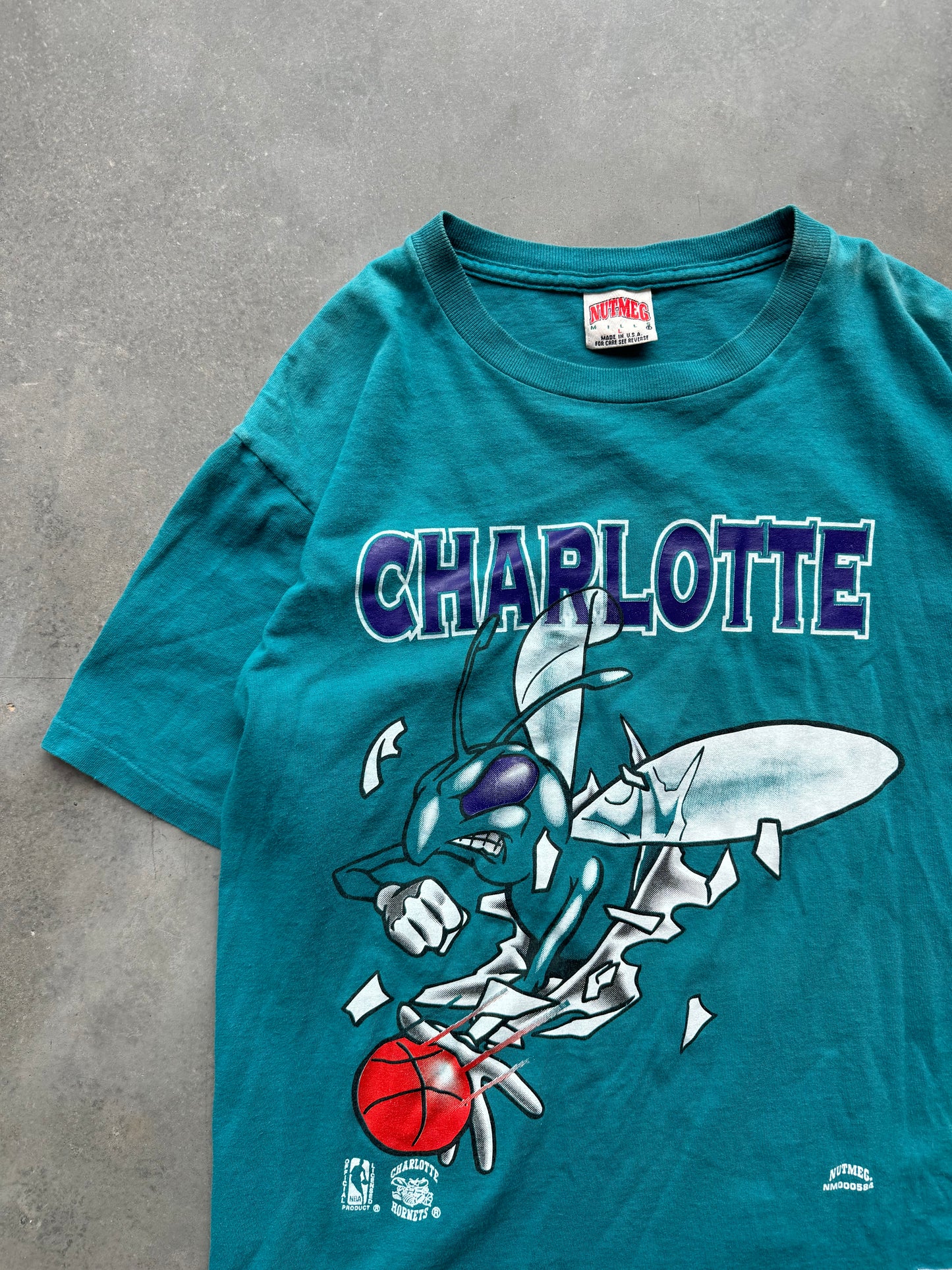 90’s Charlotte Hornets Vintage Nutmeg Mills Hugo Breakthrough NBA Tee (Large)