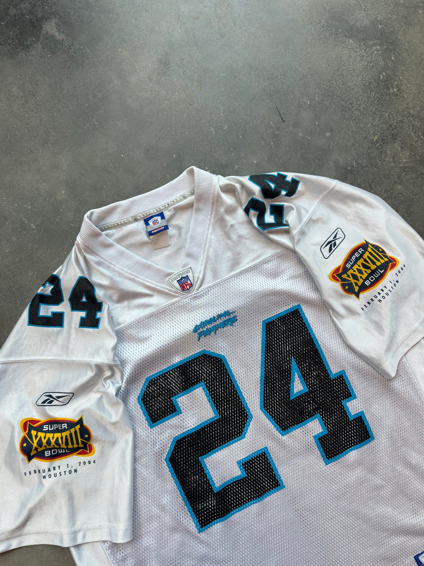 2004 Carolina Panthers Ricky Manning Vintage White Reebok Super Bowl XXXVIII NFL Jersey (XL)