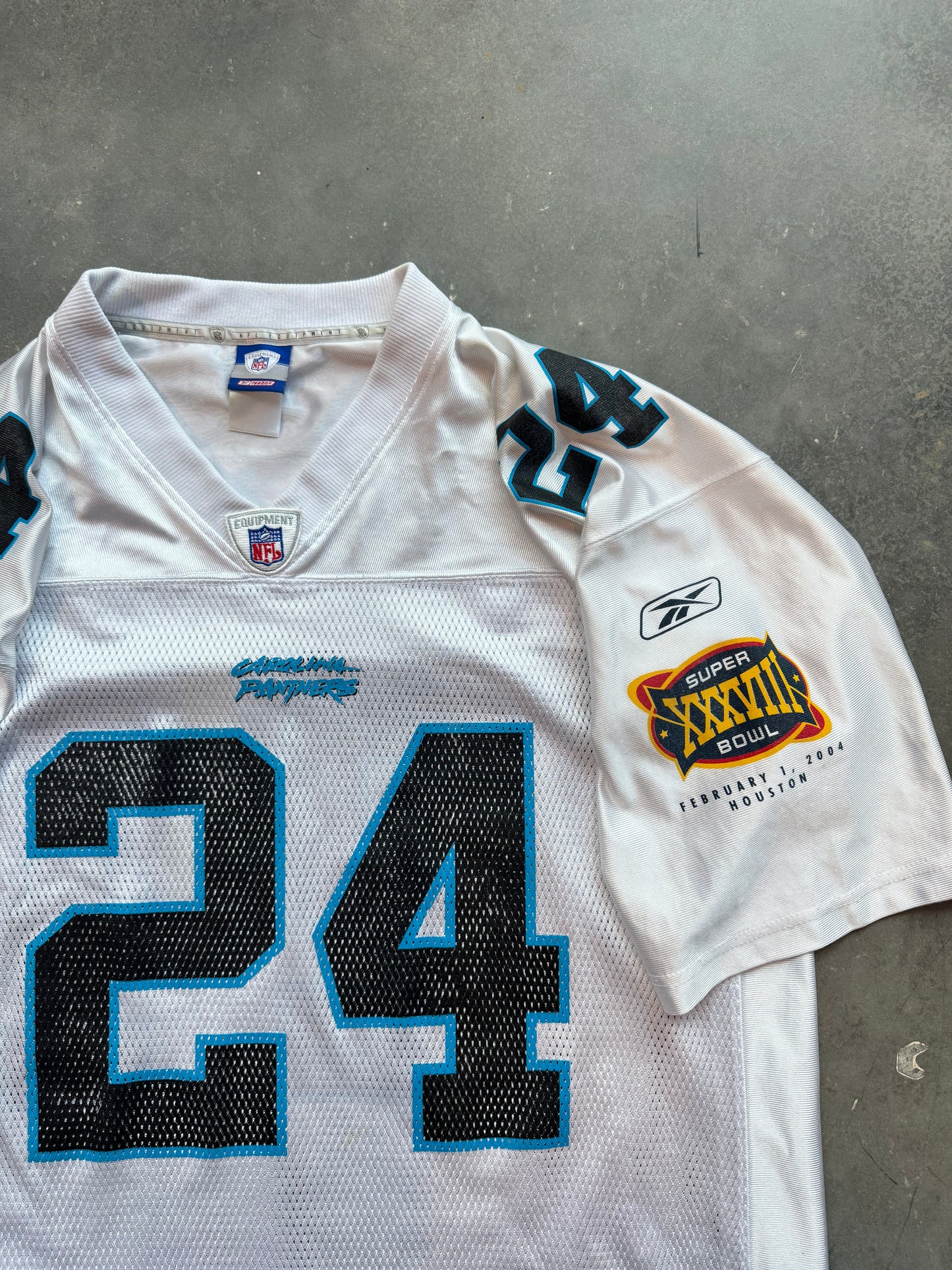 2004 Carolina Panthers Ricky Manning Vintage White Reebok Super Bowl XXXVIII NFL Jersey (XL)