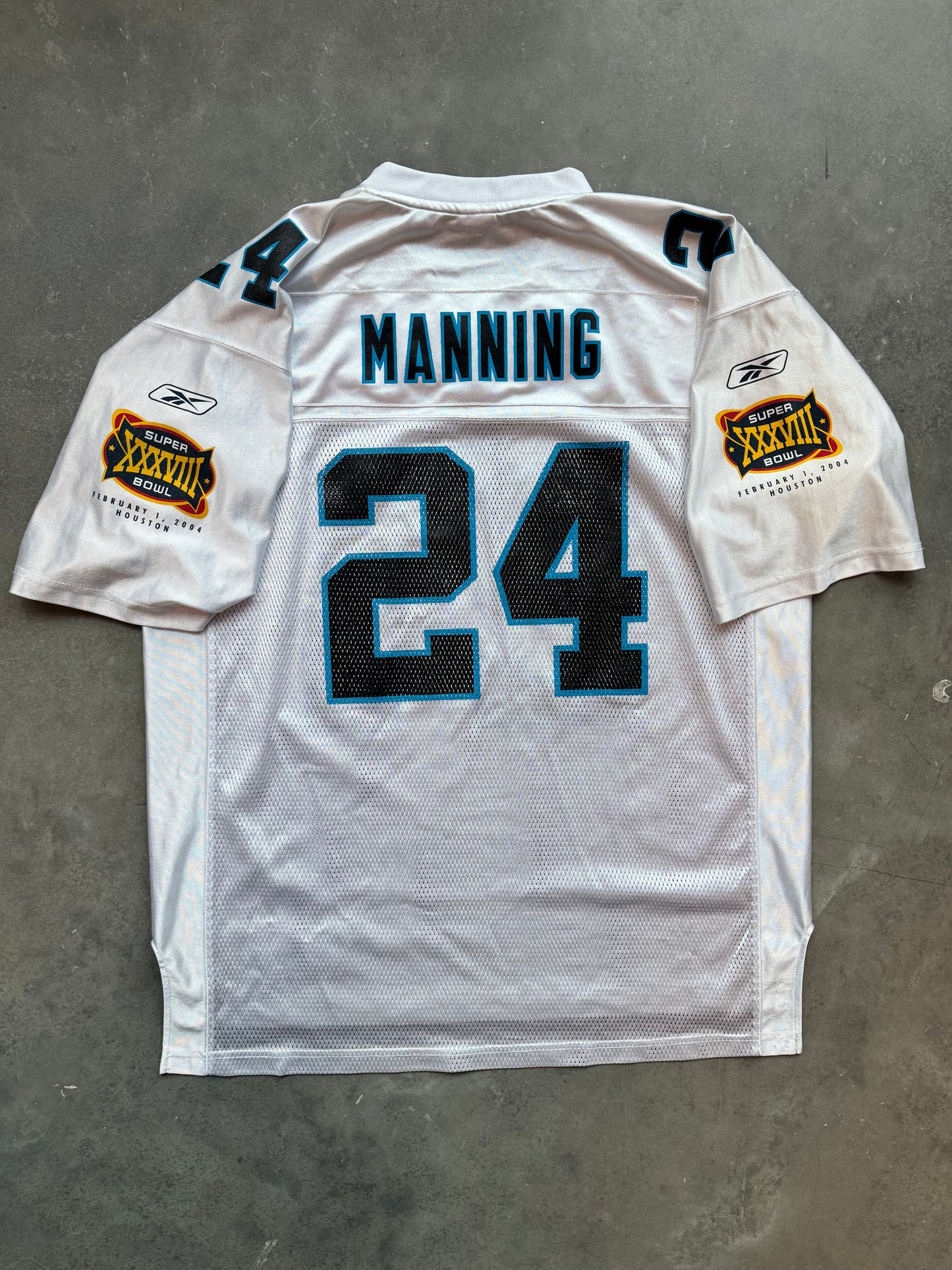 2004 Carolina Panthers Ricky Manning Vintage White Reebok Super Bowl XXXVIII NFL Jersey (XL)