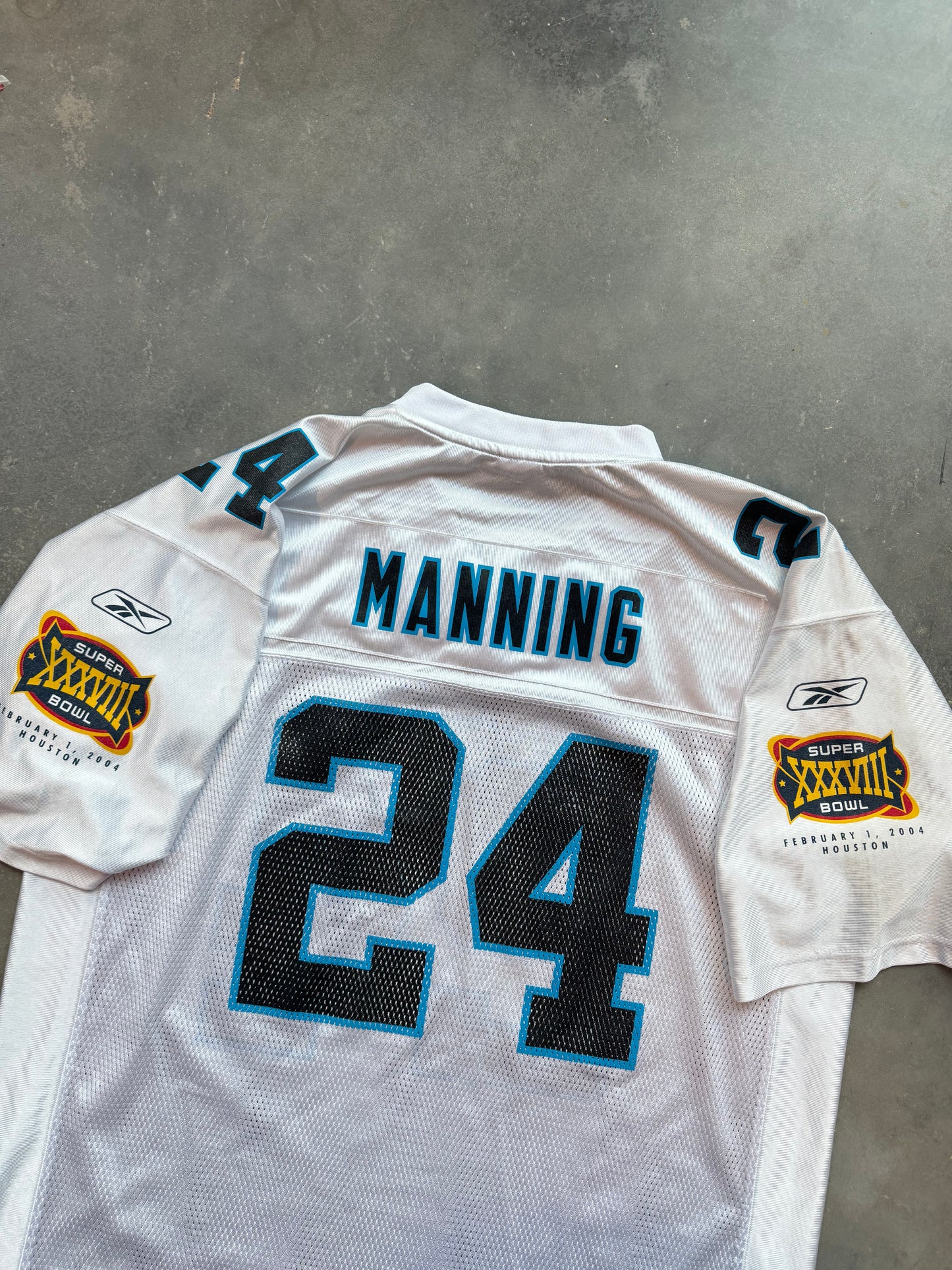 2004 Carolina Panthers Ricky Manning Vintage White Reebok Super Bowl XXXVIII NFL Jersey (XL)