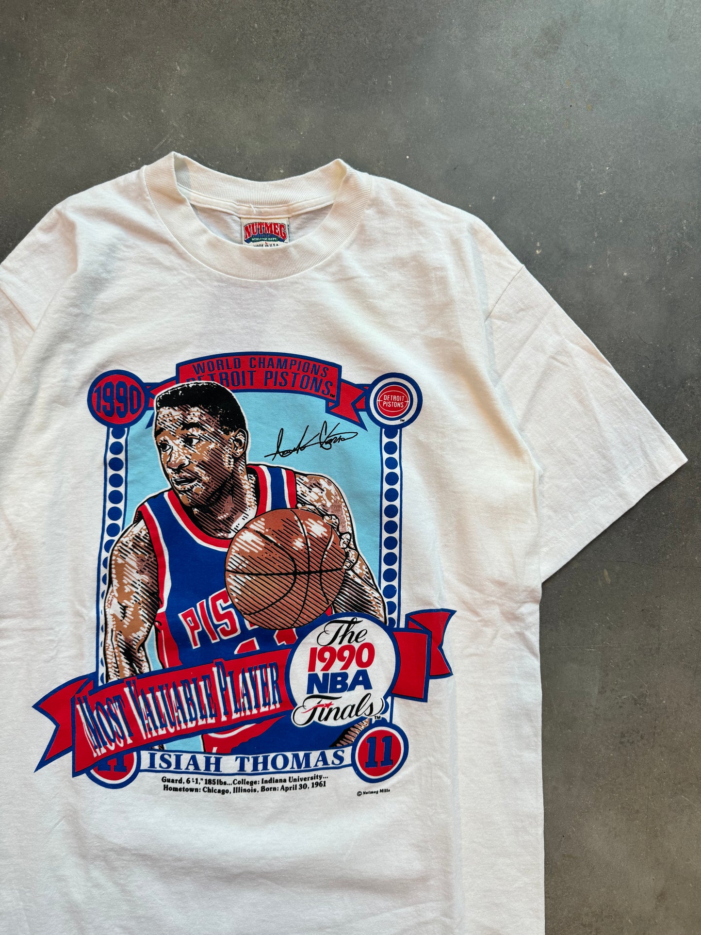 1990 Detroit Pistons Isiah Thomas Vintage Nutmeg Mills NBA Player Tee (Large)