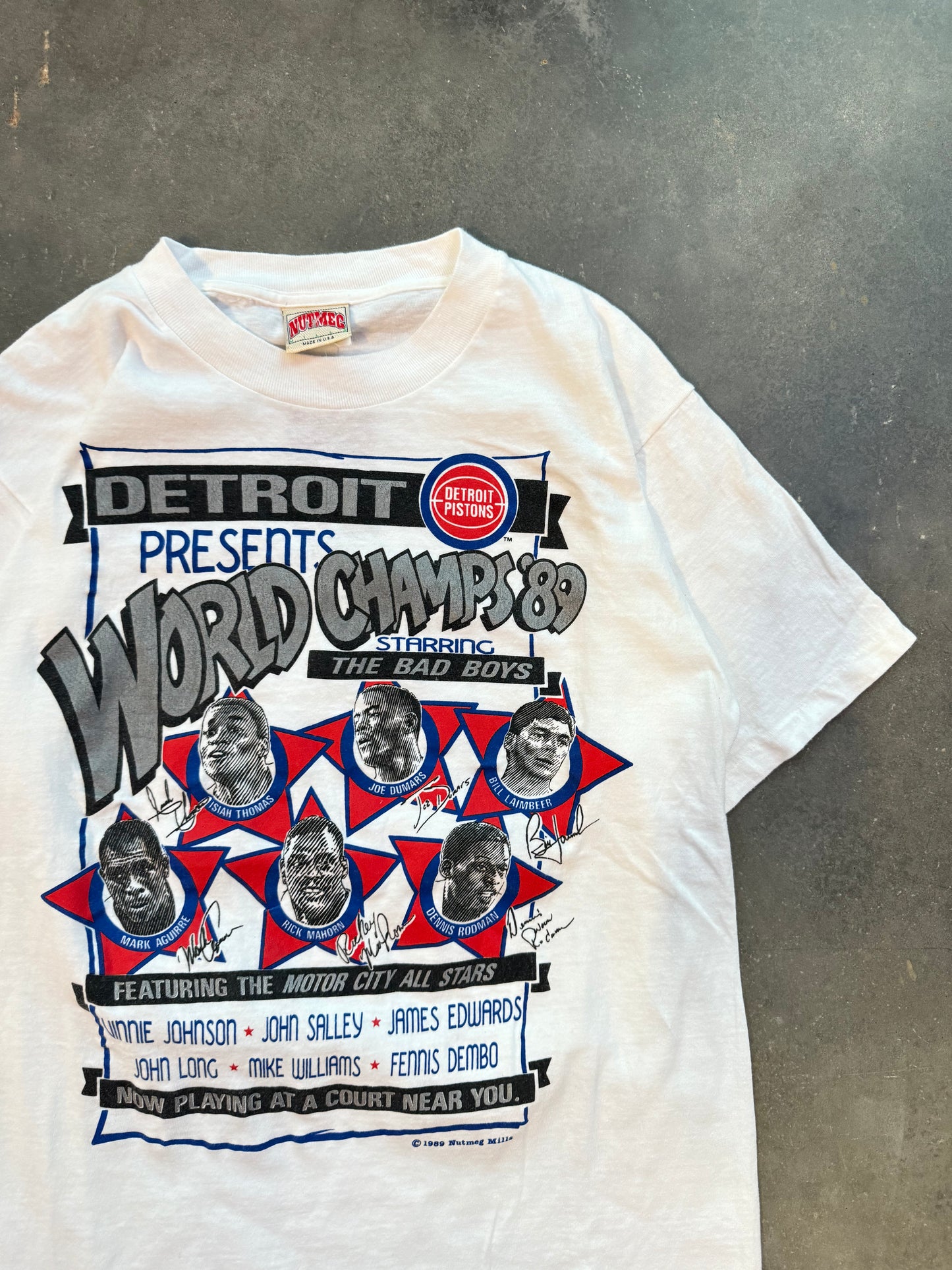 1989 Detroit Pistons Vintage Nutmeg Mills World Champions Starring The Bad Boys Movie Poster Style Tee (Large)