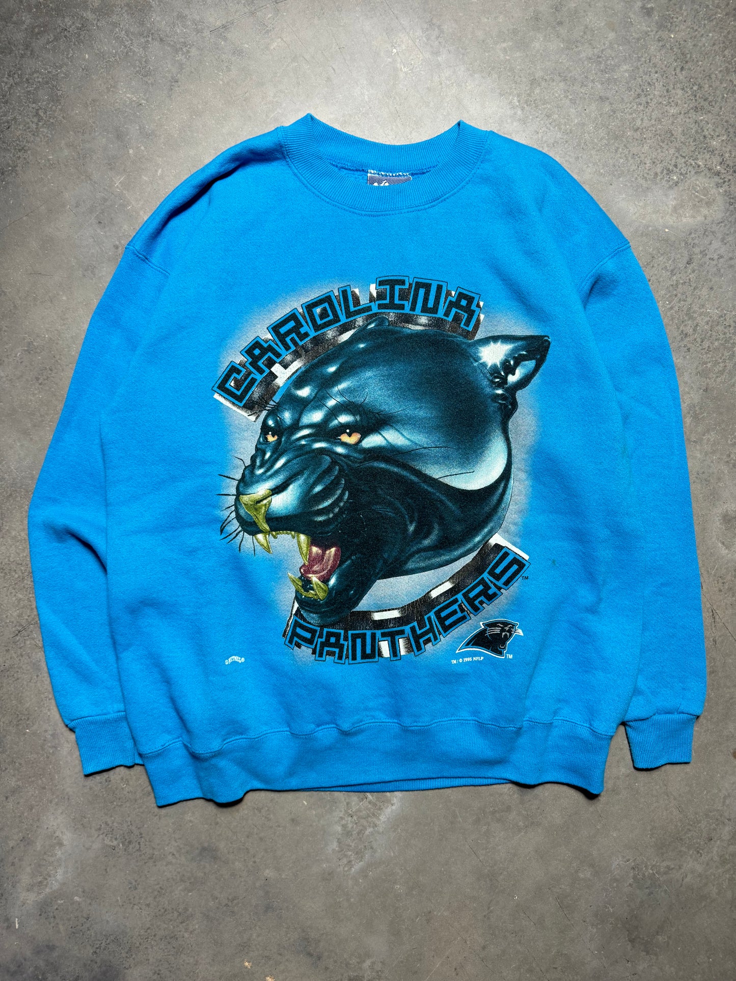 1995 Carolina Panthers Vintage Electric Blue Nutmeg Mills Chrome Style Big Face Cat NFL Crewneck (XL)