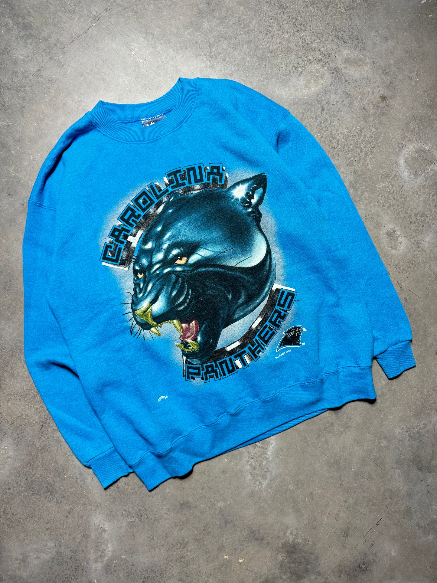 1995 Carolina Panthers Vintage Electric Blue Nutmeg Mills Chrome Style Big Face Cat NFL Crewneck (XL)