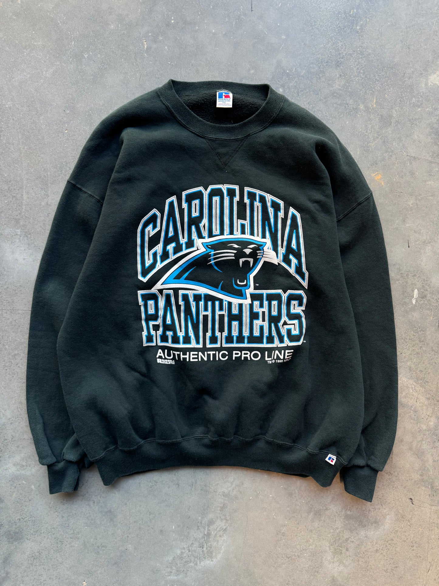 1995 Carolina Panthers Vintage Russell Athletic Heavyweight Arch Spellout NFL Crewneck (XXL)