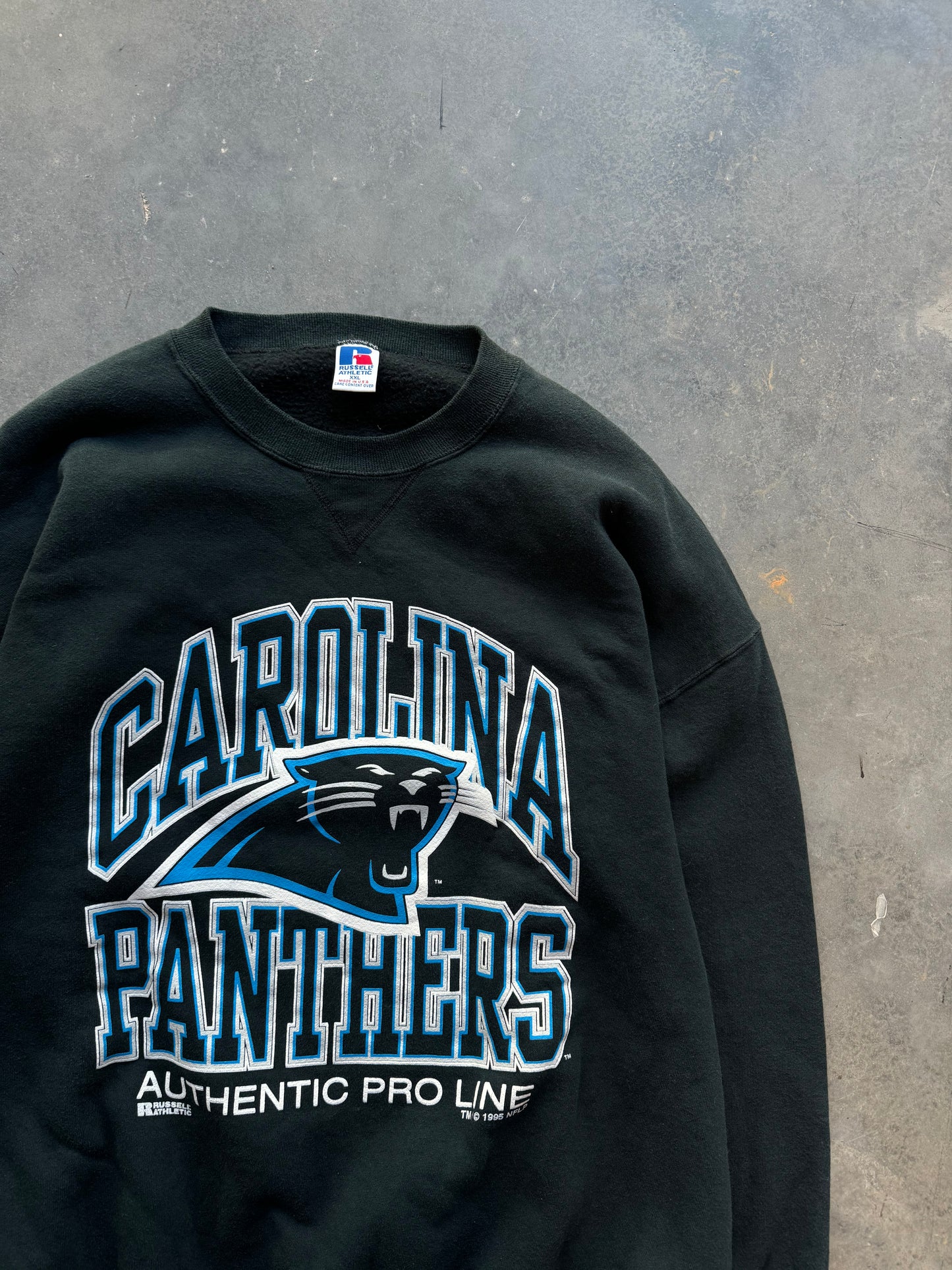 1995 Carolina Panthers Vintage Russell Athletic Heavyweight Arch Spellout NFL Crewneck (XXL)