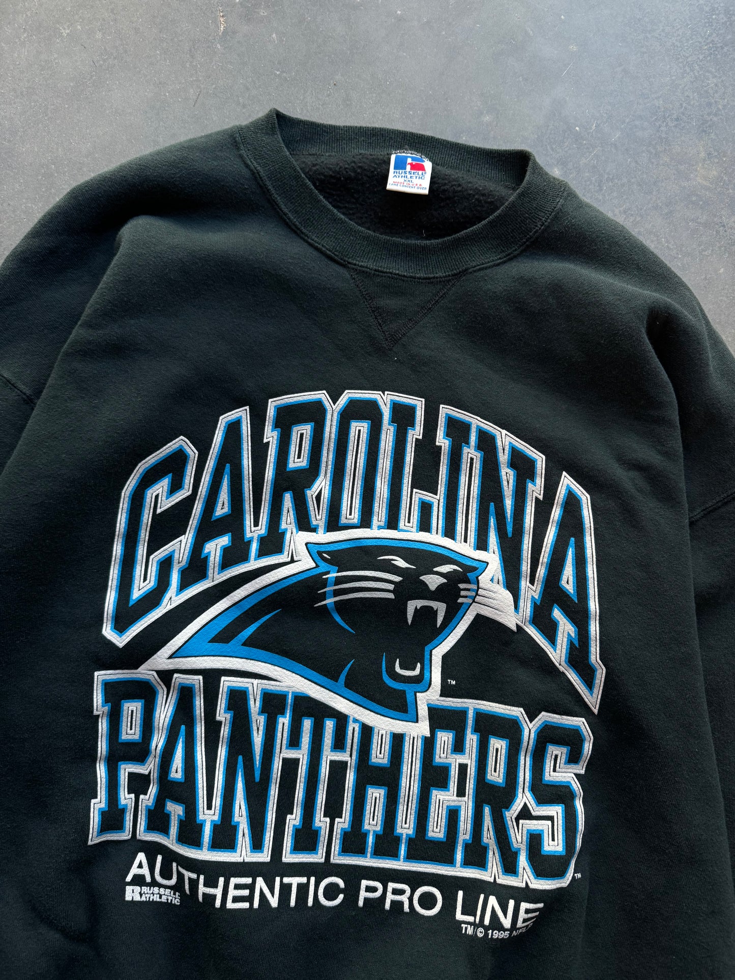 1995 Carolina Panthers Vintage Russell Athletic Heavyweight Arch Spellout NFL Crewneck (XXL)