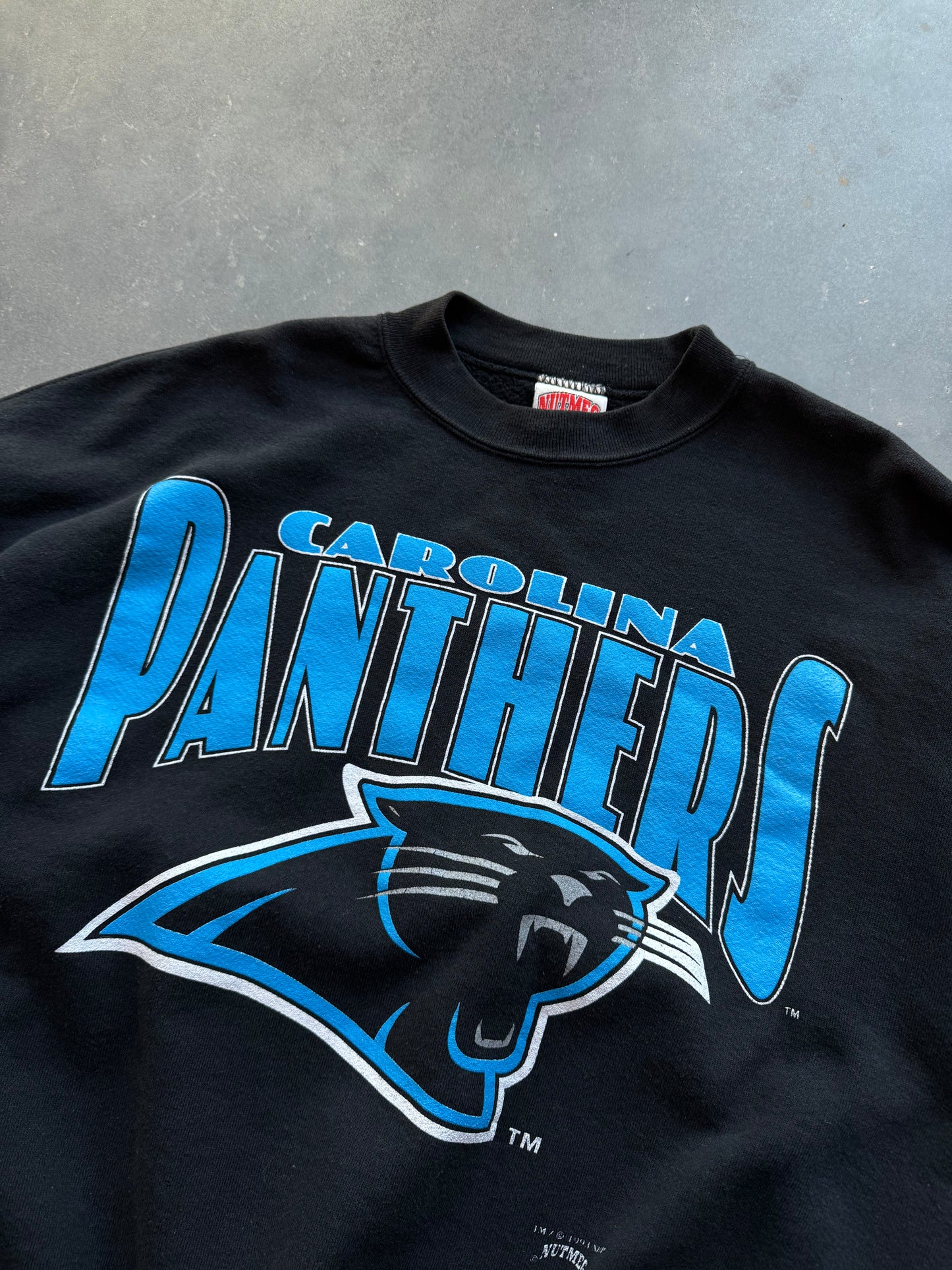 1993 Carolina Panthers Vintage Nutmeg Mills Arch Spellout Heavyweight NFL Crewneck (XL)