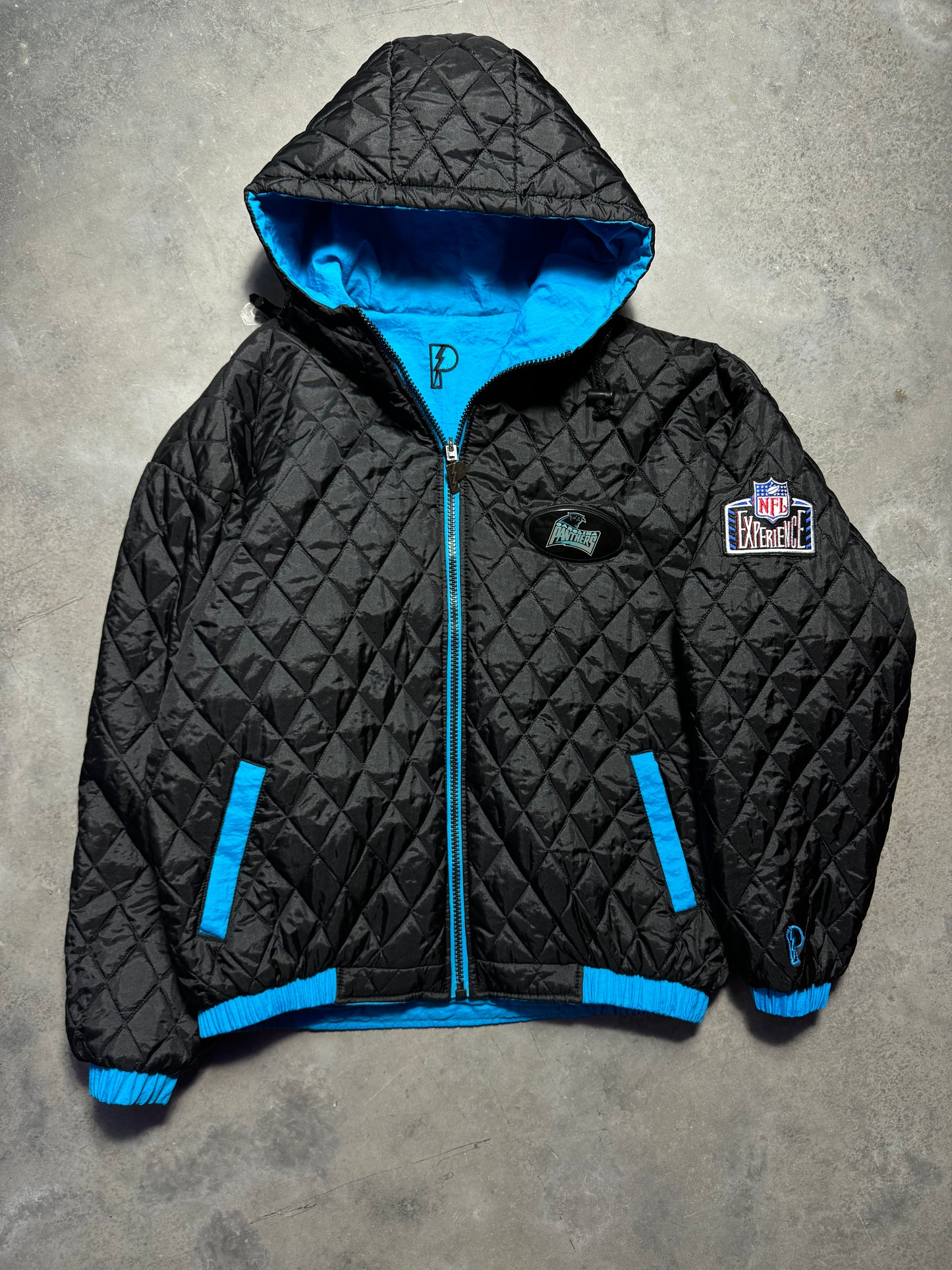 90’s Carolina Panthers Vintage Reversible Pro Player Quilted NFL Puffer Jacket (Large)