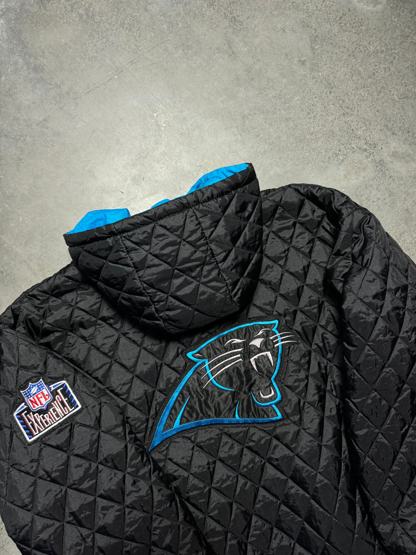 90’s Carolina Panthers Vintage Reversible Pro Player Quilted NFL Puffer Jacket (Large)