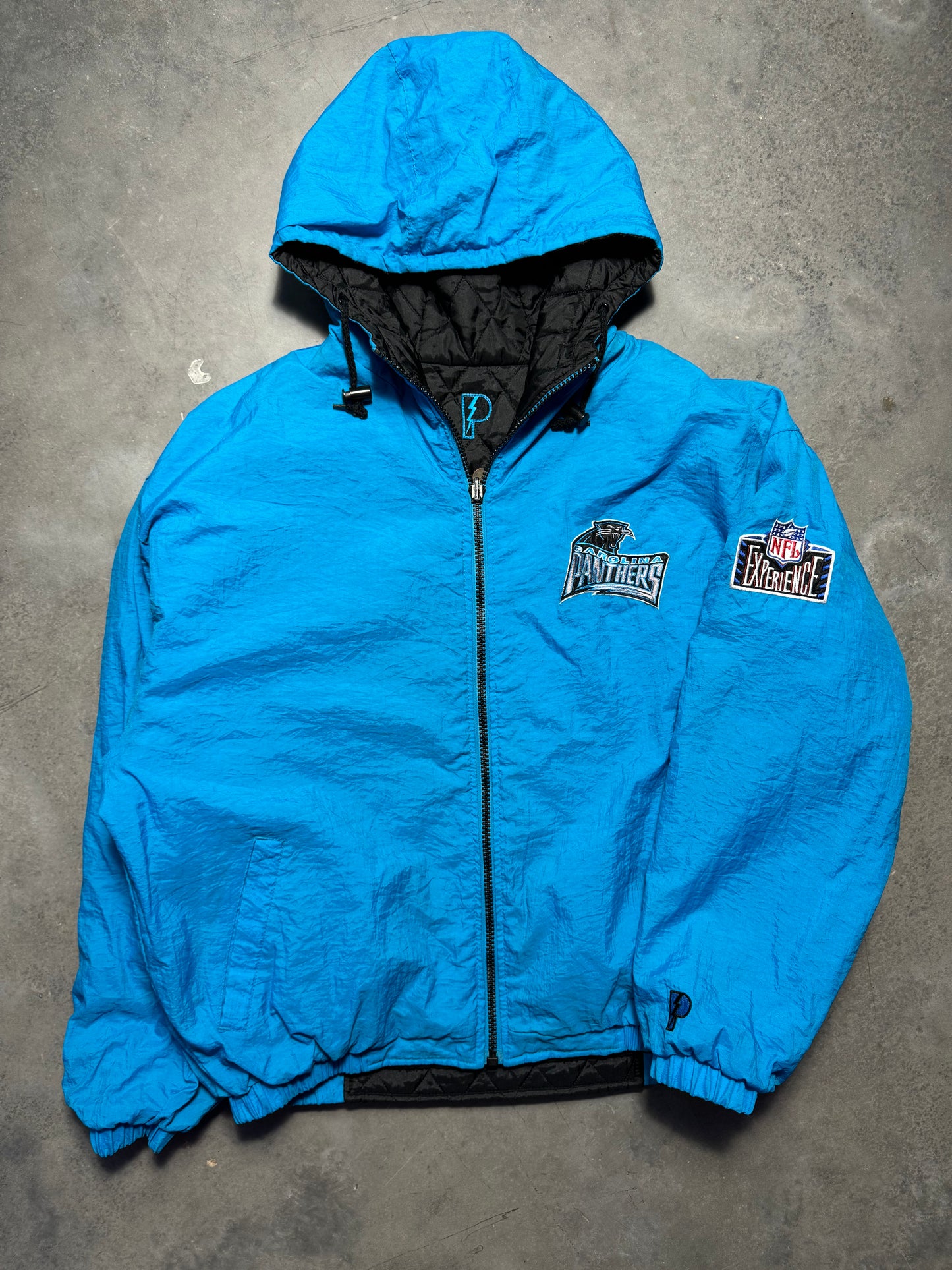 90’s Carolina Panthers Vintage Reversible Pro Player Quilted NFL Puffer Jacket (Large)